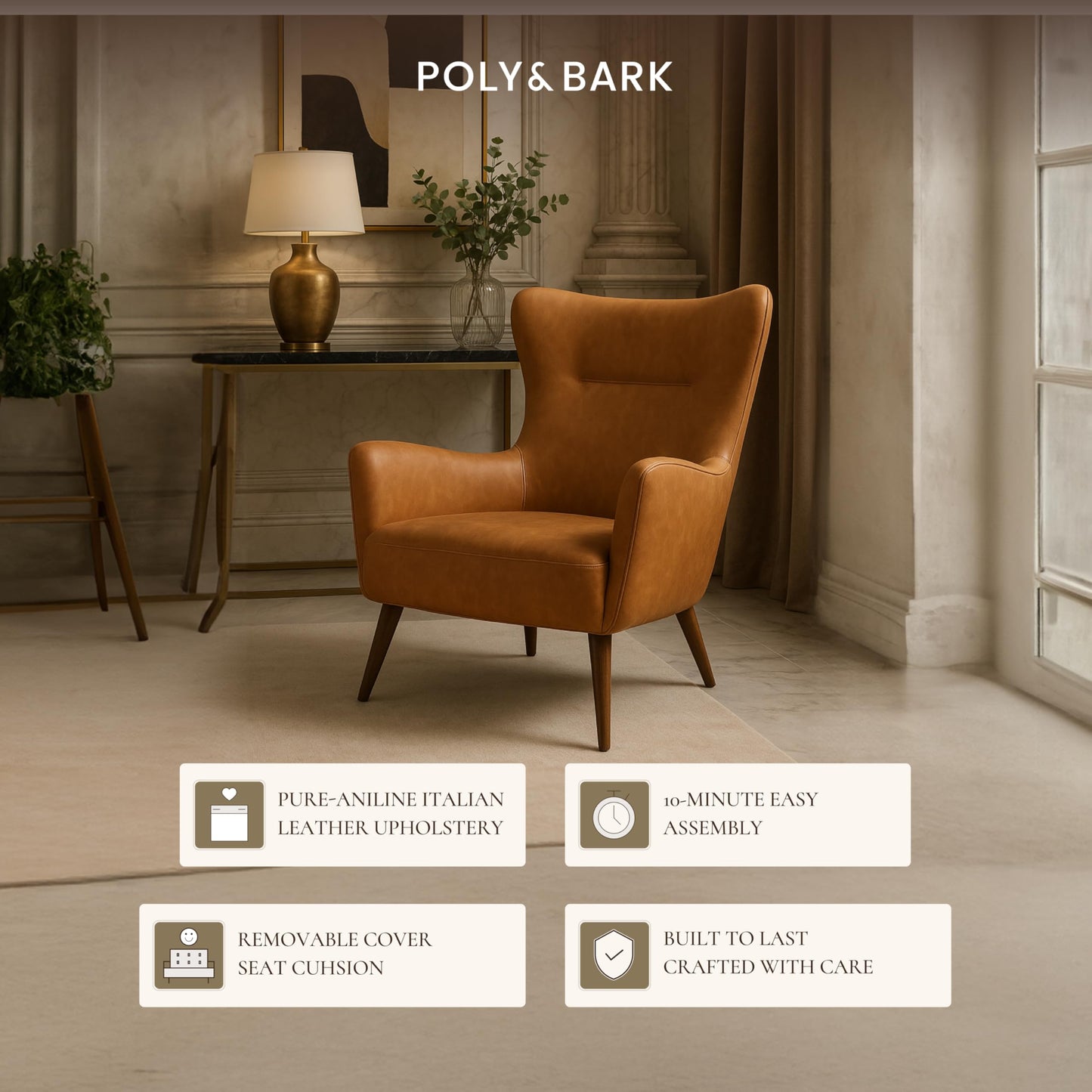 Poly & BARK Rowan Lounge Chairs Set of 2 – Mid Century Modern Leather Armchairs with Ribbed Seat and Solid Ash Wood Frame, Cognac Tan