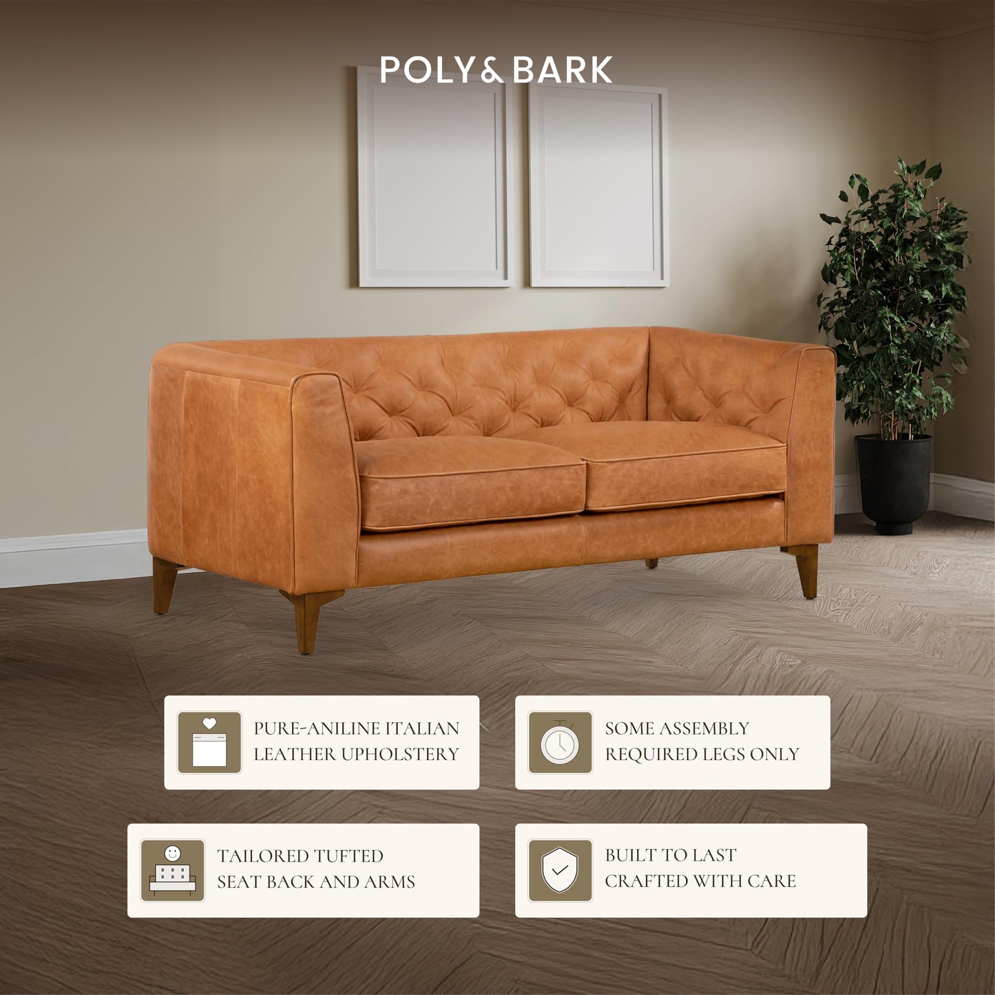 POLY & BARK Essex 89” Full-Grain Italian Leather Sofa – Tufted Back, Feather-Down Comfort, Solid Wood Frame, Cognac Tan