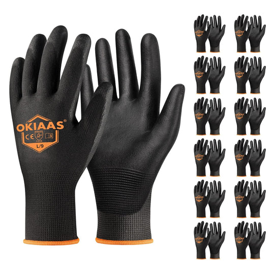 OKIAAS Work Gloves for Men,Ultra Thin and Lightweight Working Gloves with Grip,12 Pairs Bulk Pack Construction Gloves with Polyurethane Coating,Safety Gloves for Light Duty Work (Black, Large)