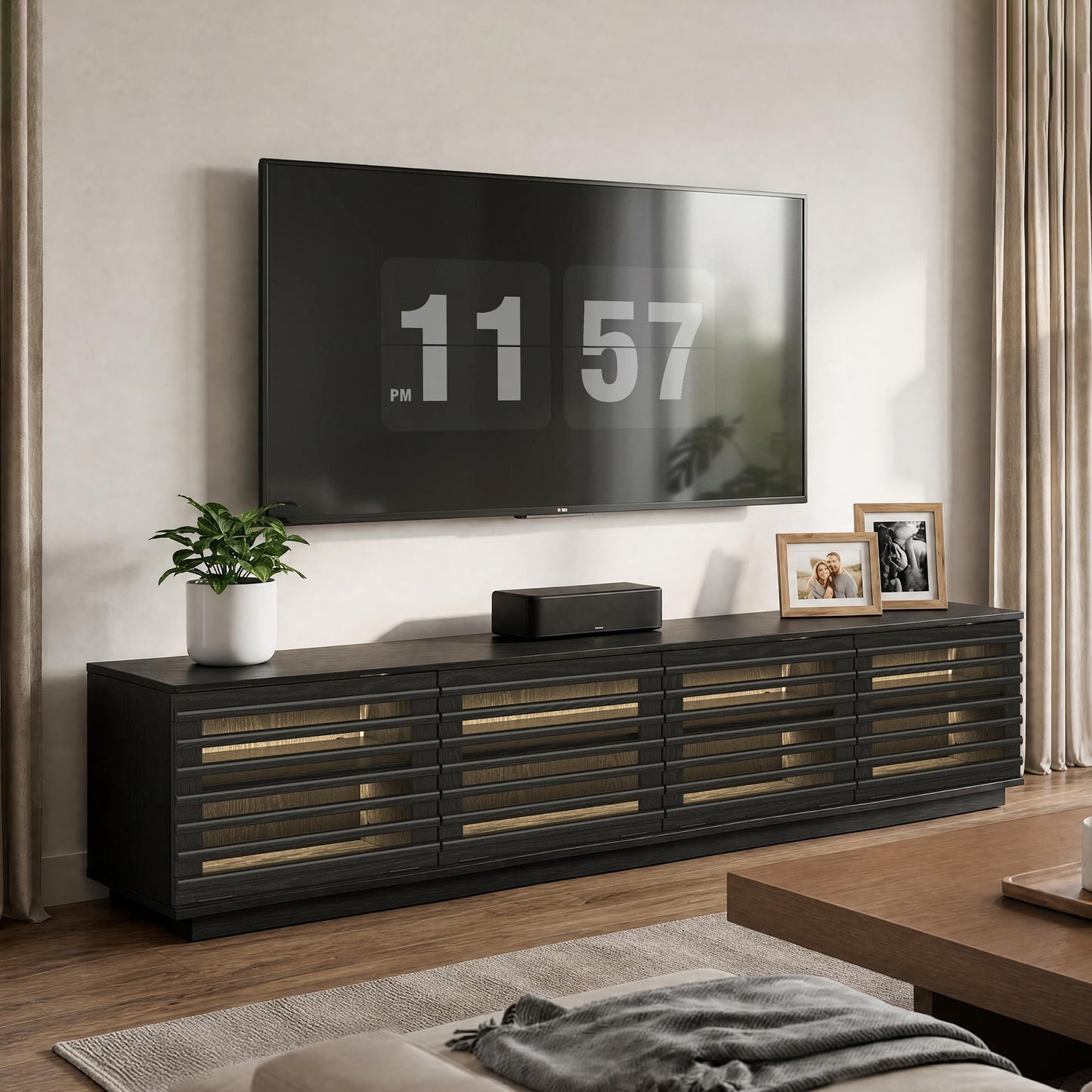 CHITA 70" Modern TV Stands with LED Light for TVs Up to 75 inches, Low Profile Entertainment Center with 4 Flip-Down Door & Fluted Details, TV Media Console for Living Room, Black