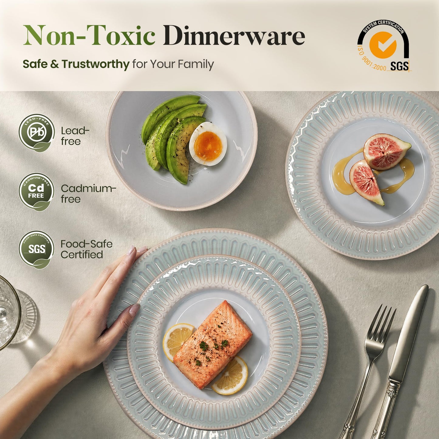 Kitchen Academy Stoneware Dinnerware Sets for 8, Embossed Ceramic Plates and Bowls Set, Beige Dishes