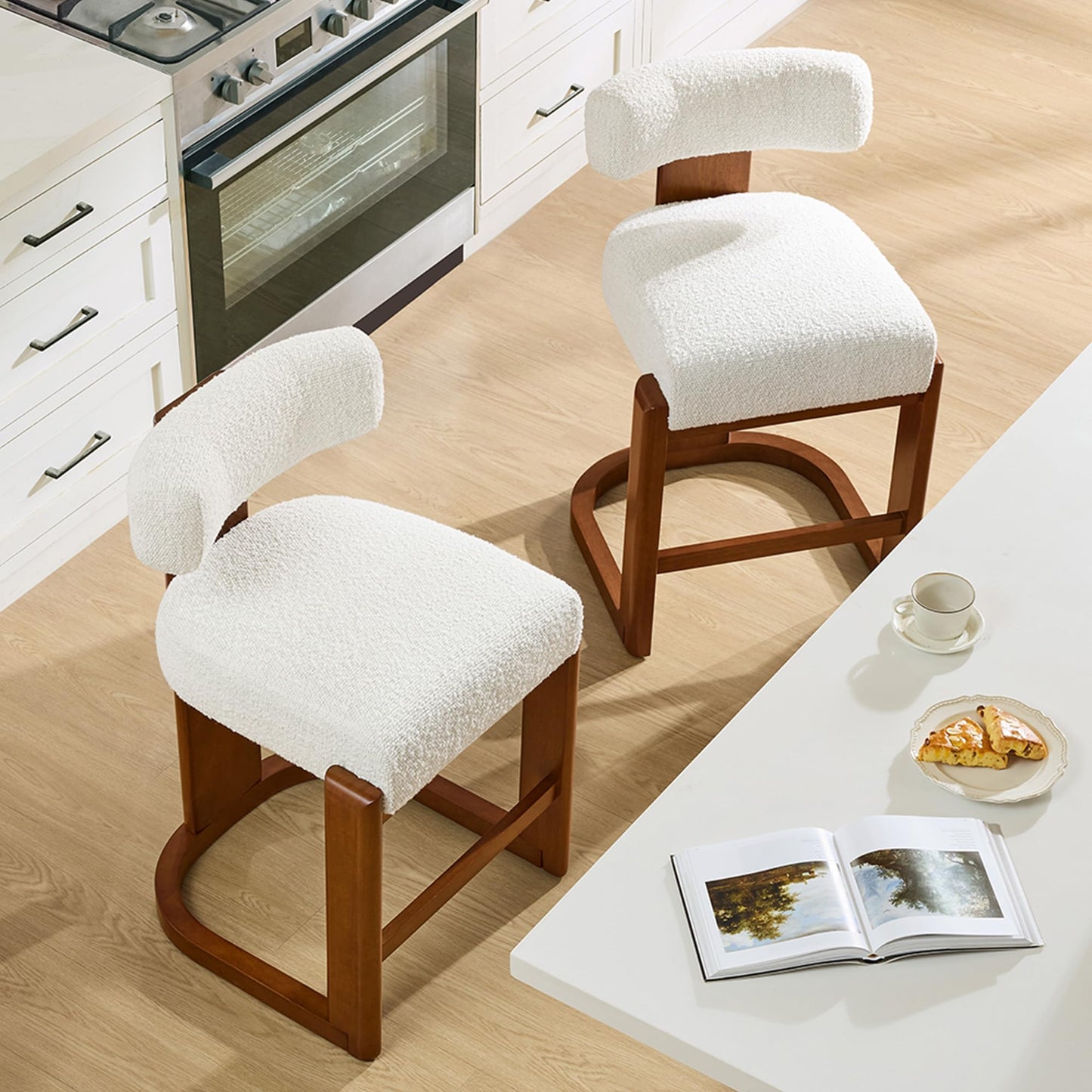 CHITA Modern Bar Stools Set of 2, 27" Counter Height Bar Stools, Upholstered Barstools with Backs and Wood Legs for Kitchen Island Dining Room, Oatmeal Fabric with Walnut Frame