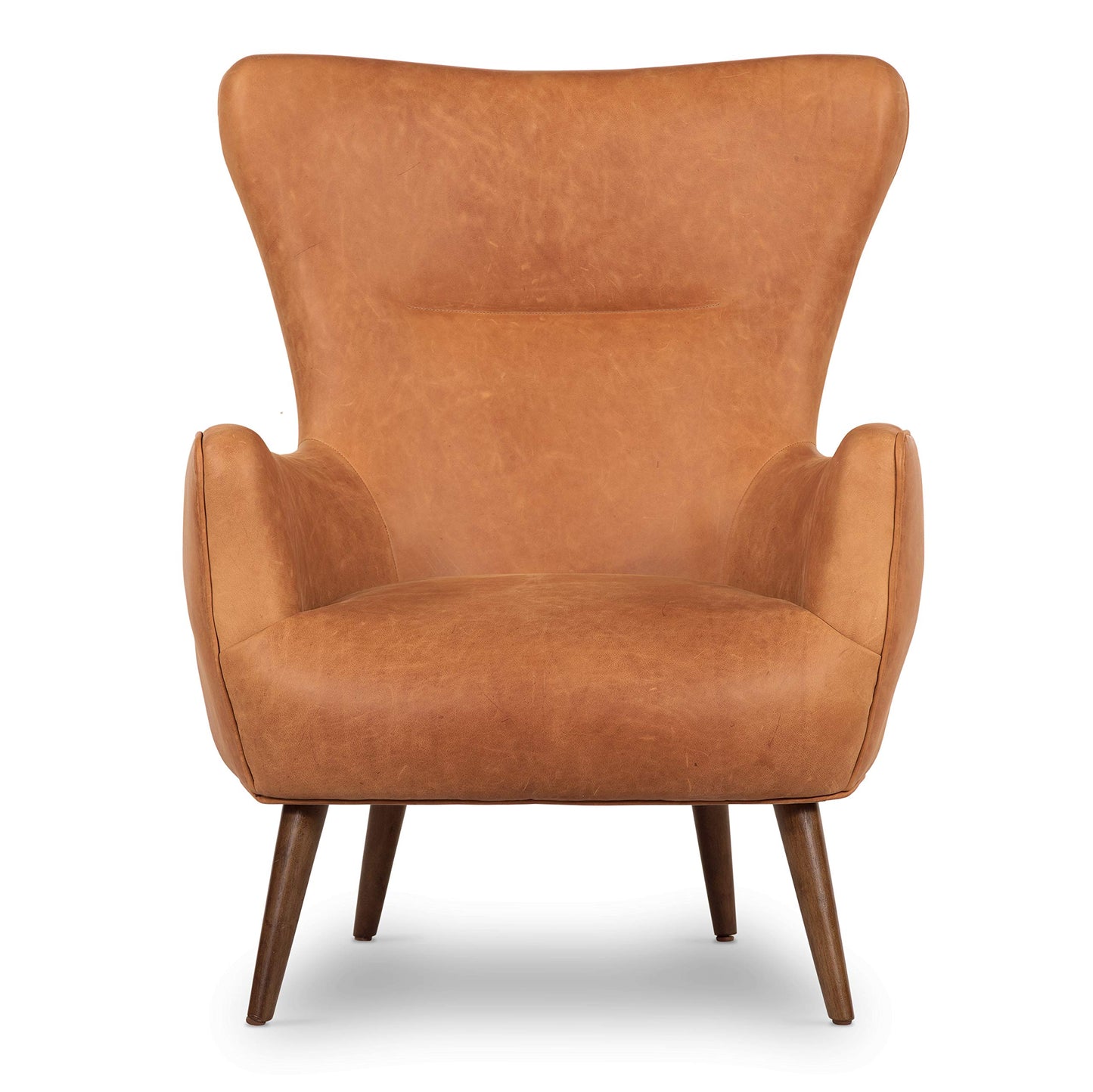 Poly & BARK Rowan Lounge Chairs Set of 2 – Mid Century Modern Leather Armchairs with Ribbed Seat and Solid Ash Wood Frame, Cognac Tan
