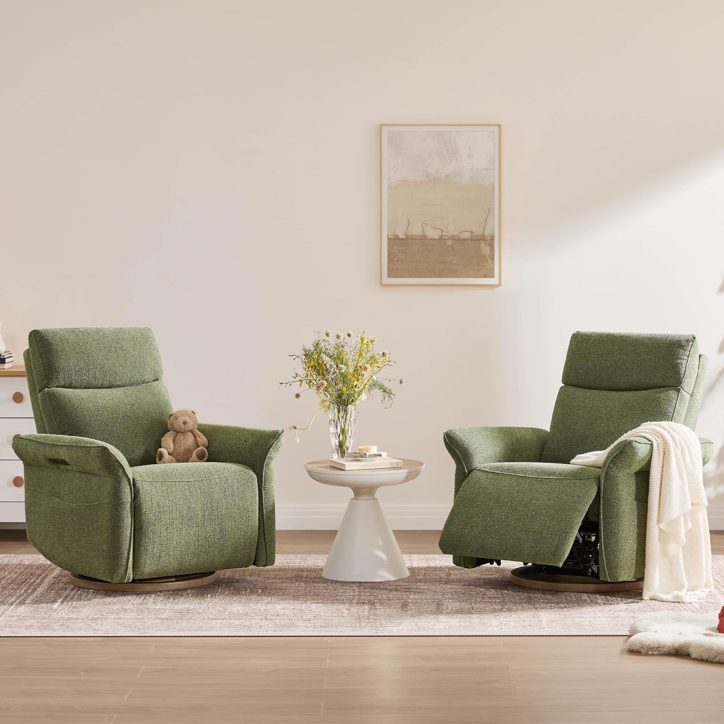 CHITA Power Recliner Chair, Electric Triple-Motor Swivel Glider Nursery Rocking Chair with Adjustable Power Headrest and Lumbar Support, GREENGARD Gold Certified, Solid Wood Base, Linen