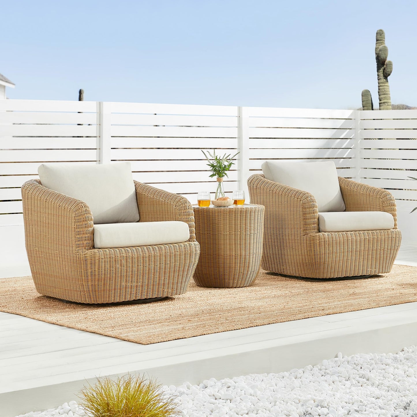 CHITA 5 Pieces Patio Wicker Furniture Set, Outdoor Rattan Bistro Set with Removable Thickened Cushions, Fully Assembled(Beige Cushions with Light Brown Wicker)