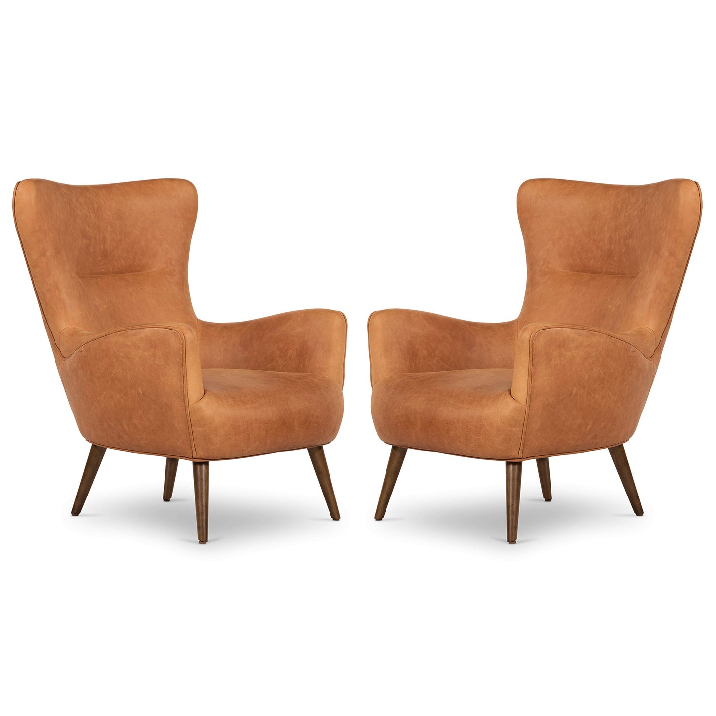Poly & BARK Rowan Lounge Chairs Set of 2 – Mid Century Modern Leather Armchairs with Ribbed Seat and Solid Ash Wood Frame, Cognac Tan