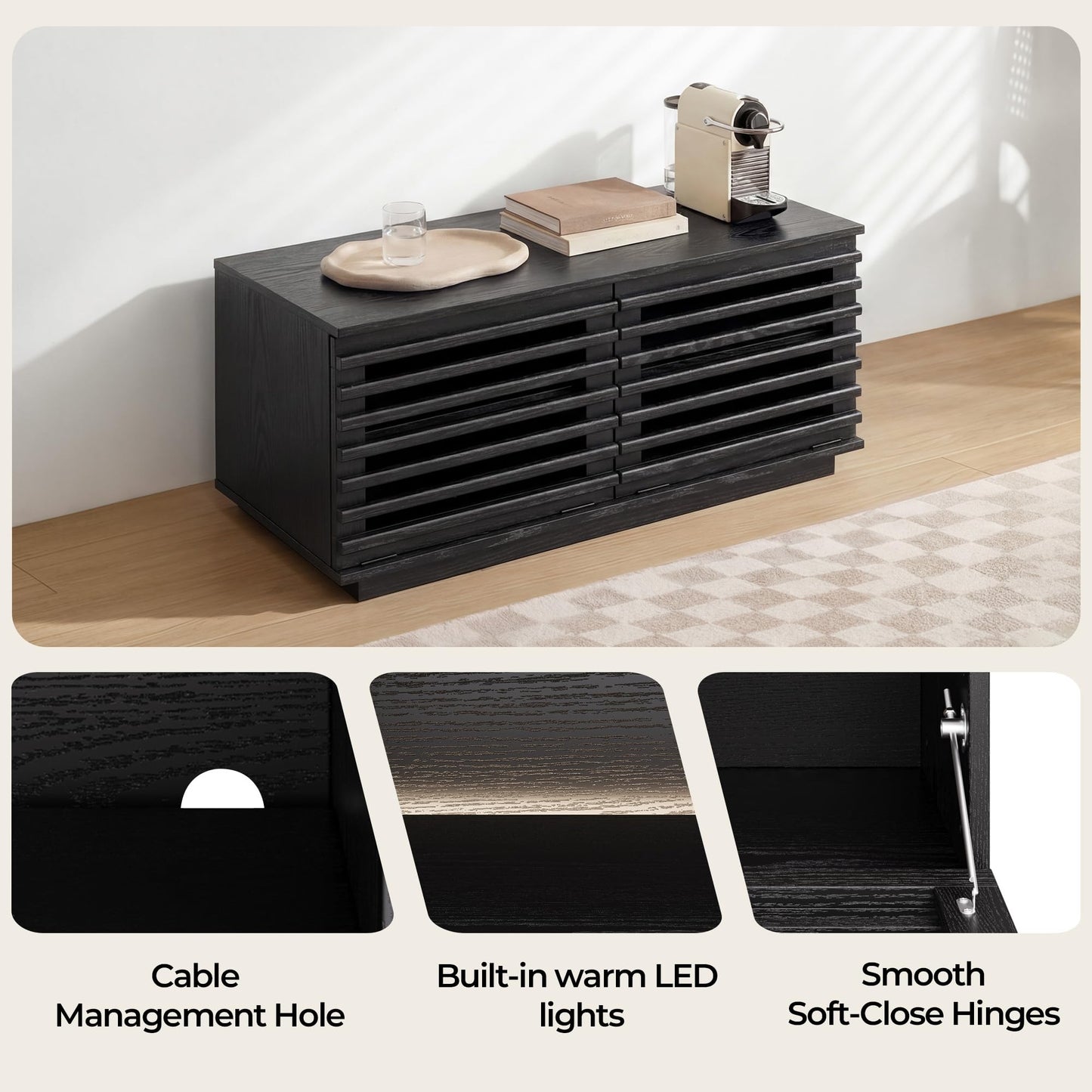 CHITA 70" Modern TV Stands with LED Light for TVs Up to 75 inches, Low Profile Entertainment Center with 4 Flip-Down Door & Fluted Details, TV Media Console for Living Room, Black