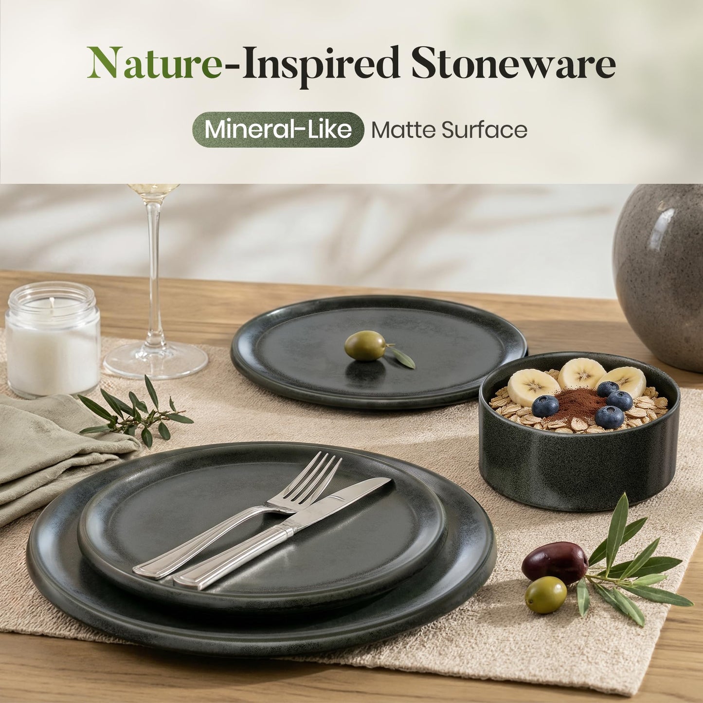 Kitchen Academy Stoneware Dinnerware Sets for 4, 16 Pieces Ceramic Non Toxic Plates and Bowls Sets, Scratch Resistant Handmade Dish Set, Oven & Microwave & Dishwasher Safe, Matte Black