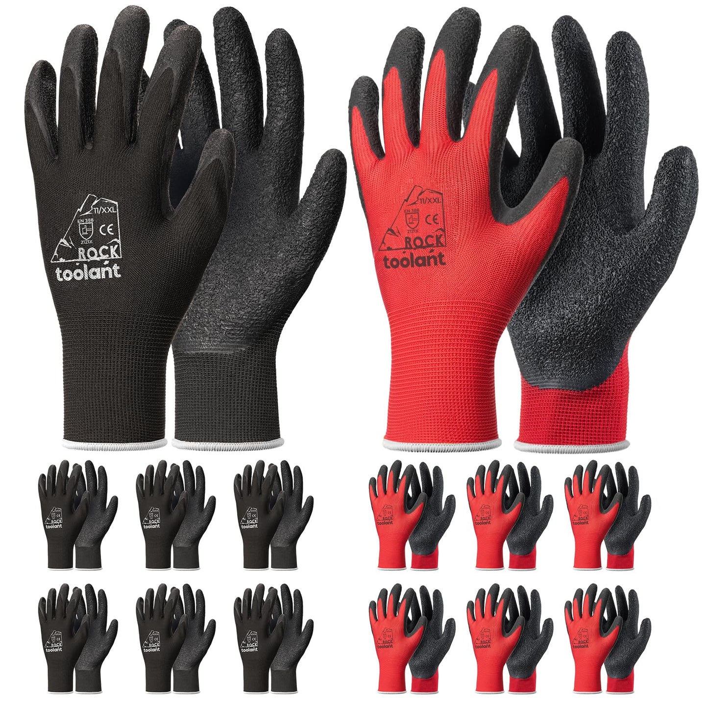 toolant Crinkle Latex Work Gloves Bulk, Rubber Coated Safety Work Gloves for Men and Women, 12 Pairs for Construction, Gardening, Warehouse (Black, Large)