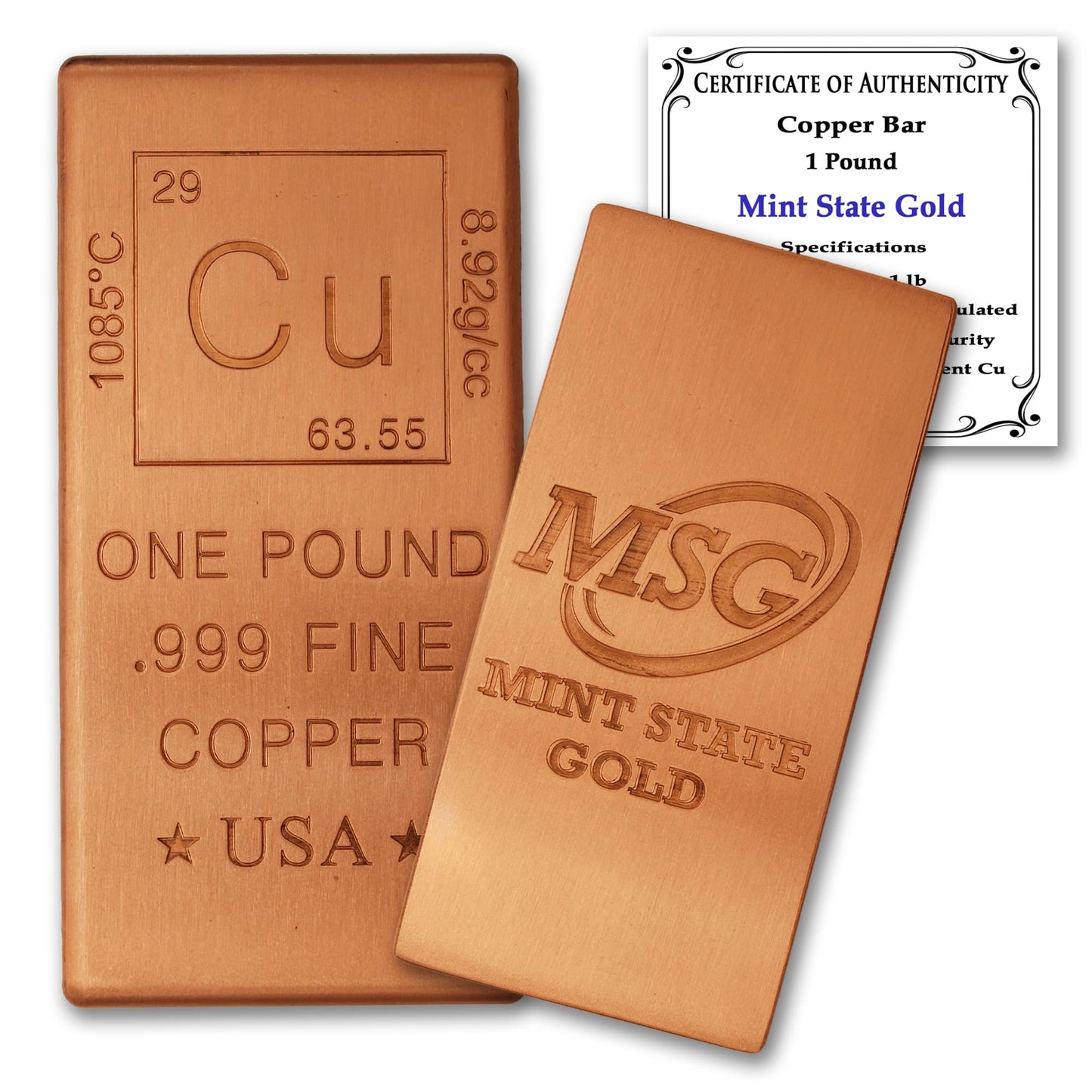 1 lb Copper Bar (Flat Style) .999 Pure Bullion with Periodic Table Element Design (1 Pound) by Mint State Gold