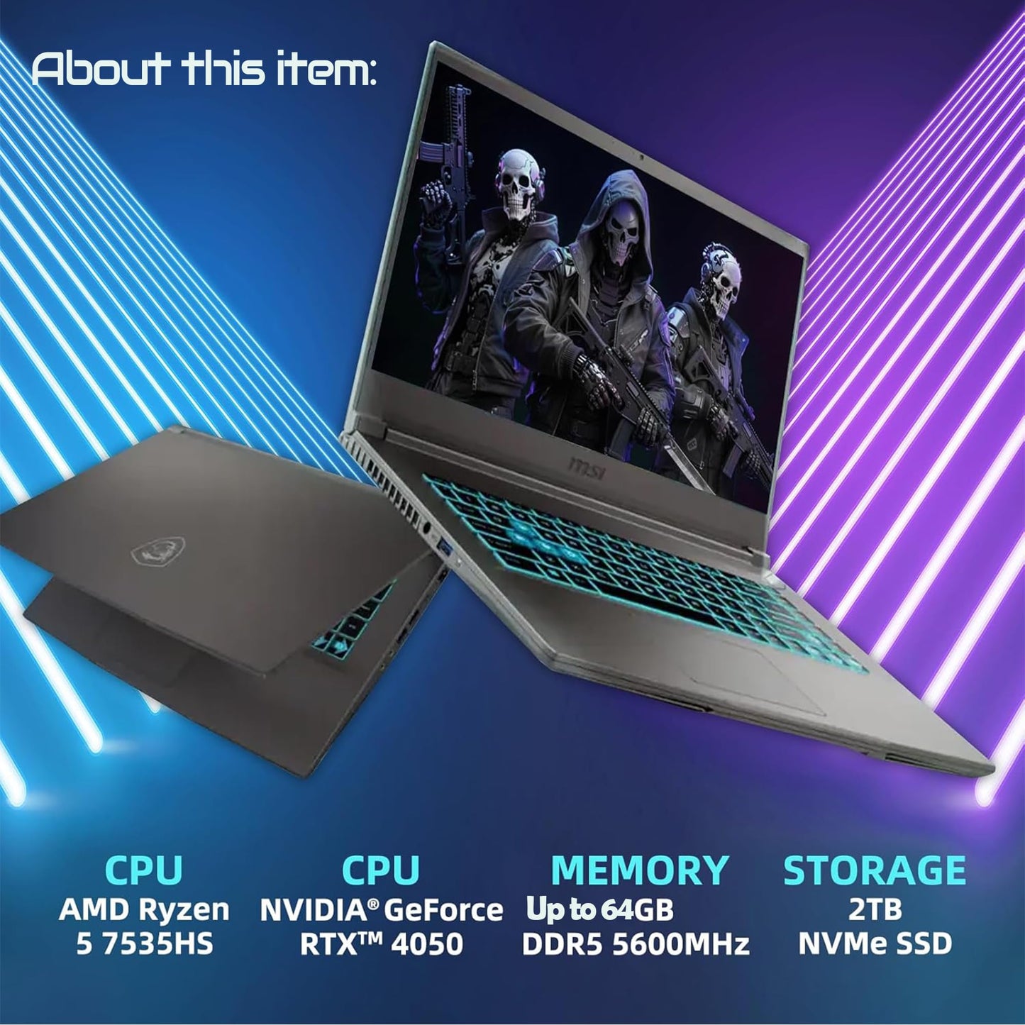 msi 15.6" Thin A15 Gaming Laptop, 16GB DDR5, 512GB SSD, Full HD Display, NVIDIA GeForce RTX 4050, AMD Ryzen 5 7535HS, Wi-Fi 6, Backlit Keyboard, Webcam, Bluetooth, Windows 11, Black