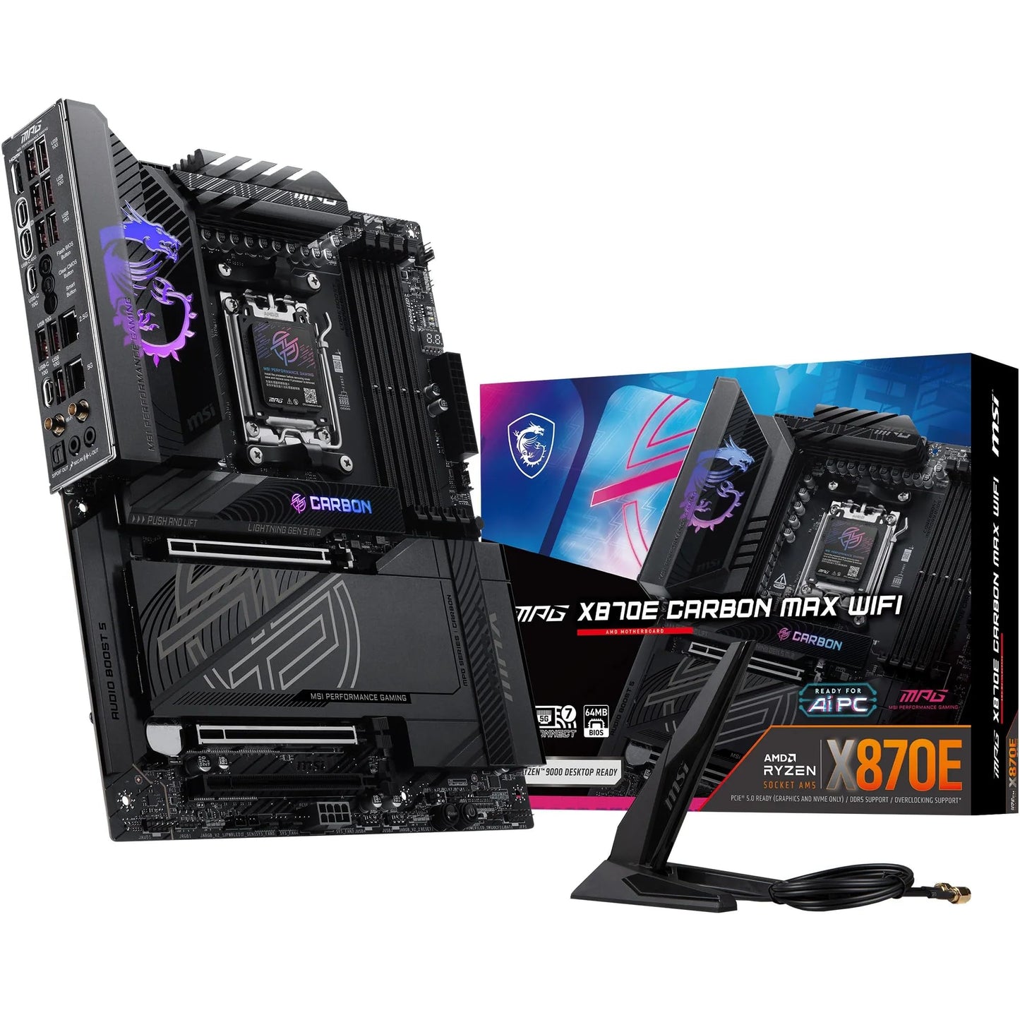 MSI MPG X870E Carbon WiFi Gaming Motherboard (AMD Ryzen 9000/8000/7000 Series Processors, AM5, DDR5, PCIe 5.0, M.2 Gen5, SATA 6Gb/s, USB 40Gbps, HDMI, Wi-Fi 7, Bluetooth 5.4, 5Gbps LAN, ATX)