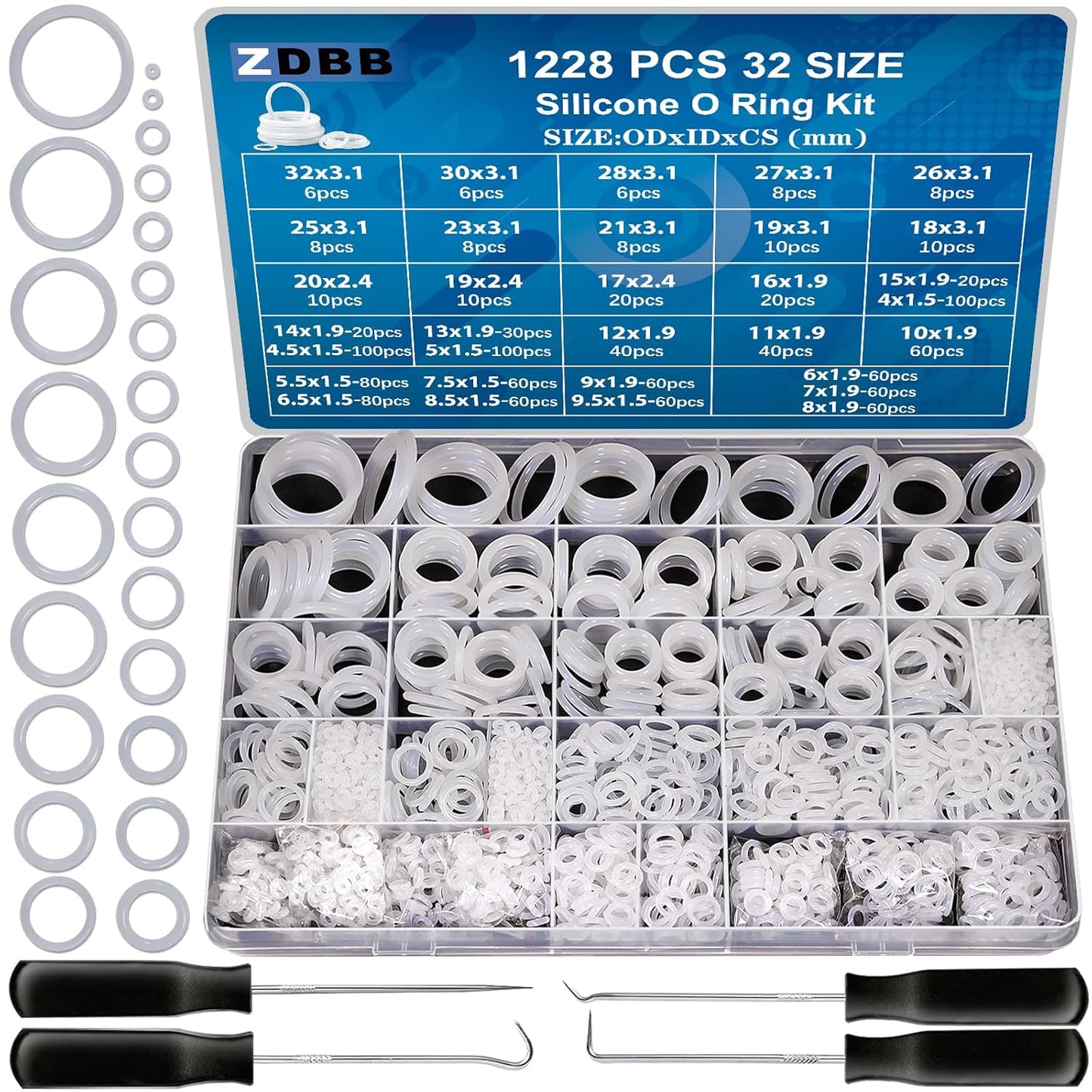 ZDBB 1540 Pcs O Rings Assortment Kit and 1228 PCS Clear Food Grade Silicone O-Ring Kit for Automotive Faucet Pressure Washer Plumbing，Sealing Faucets and Plumbing with Hook and Pick