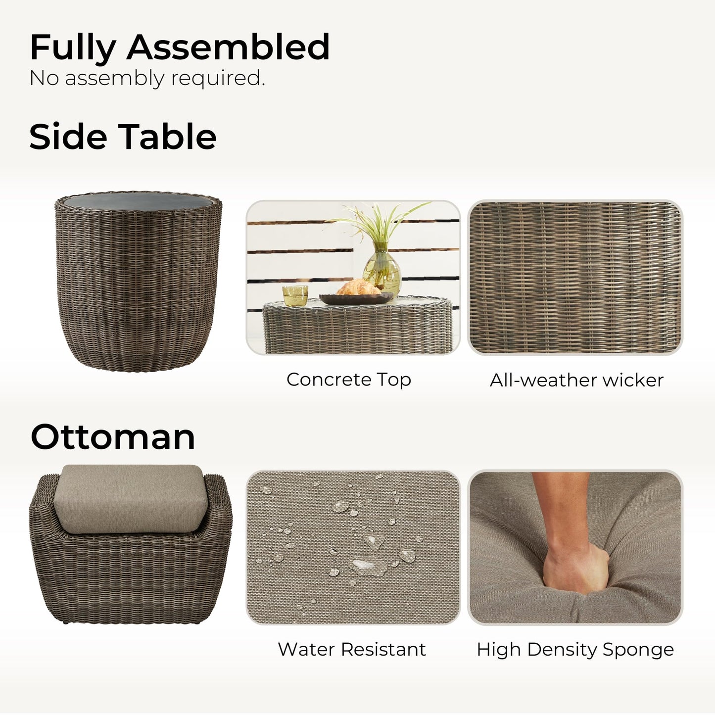 CHITA 5 Pieces Patio Wicker Furniture Set, Outdoor Rattan Bistro Set with Removable Thickened Cushions, Fully Assembled(Beige Cushions with Light Brown Wicker)