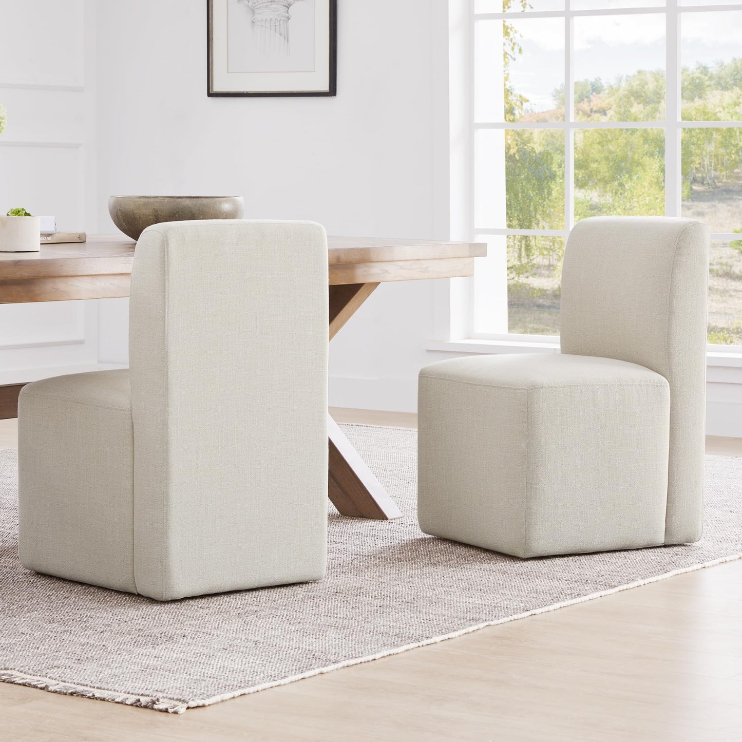 CHITA Dining Chairs with Casters Set of 2, FSC Certified Upholstered Armless Modern Rolling Dining Chairs with Rollers for Bedroom Reading Room Living Room, Fully Assembled, Linen