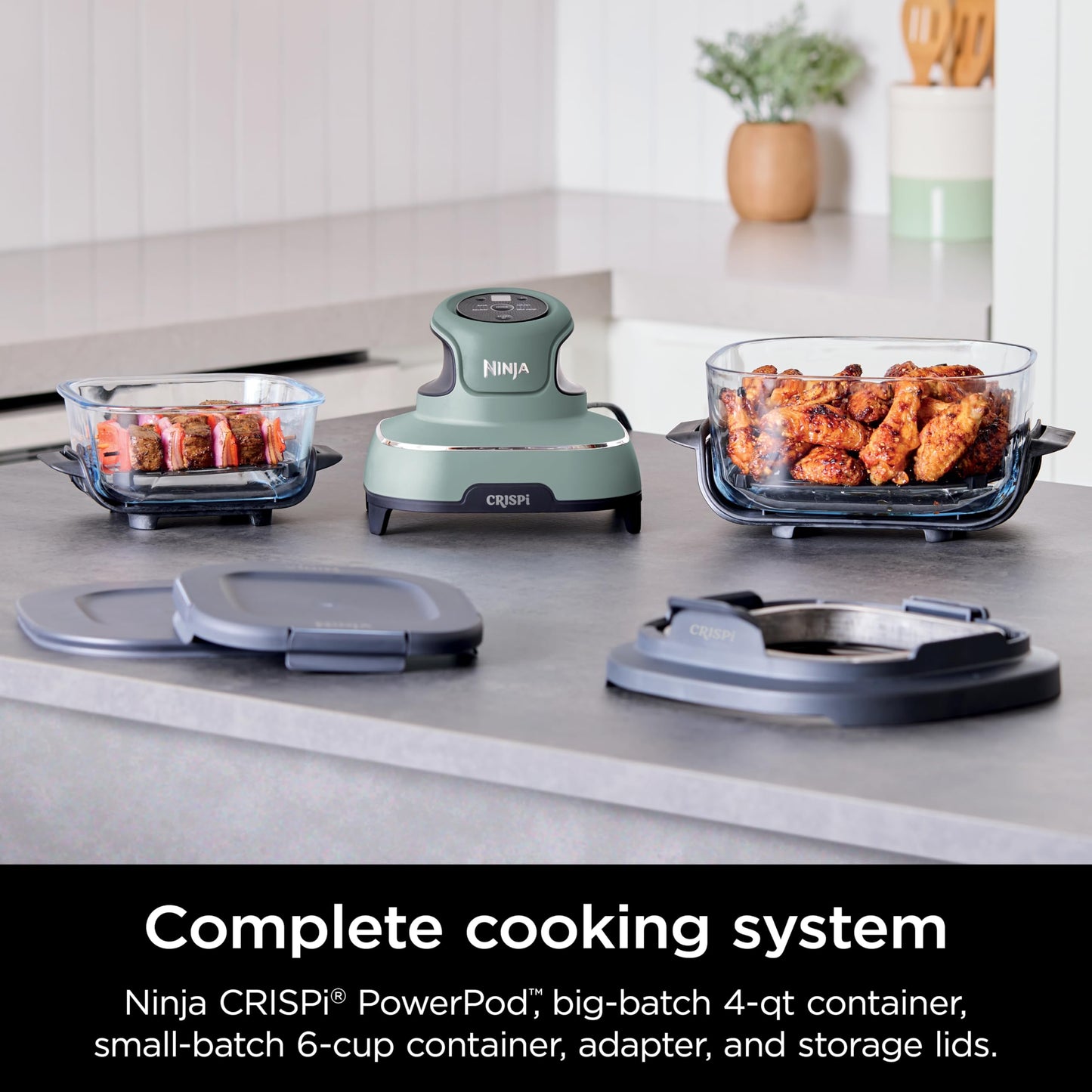 Ninja Crispi 4-in-1 Glass Air Fryer | With Non-Toxic 4QT & 6-Cup Glass Containers & Lids | Microwave, Freezer, Dishwasher Safe | 450°F Max Temp |1500 Watt | Stone | FN101ST