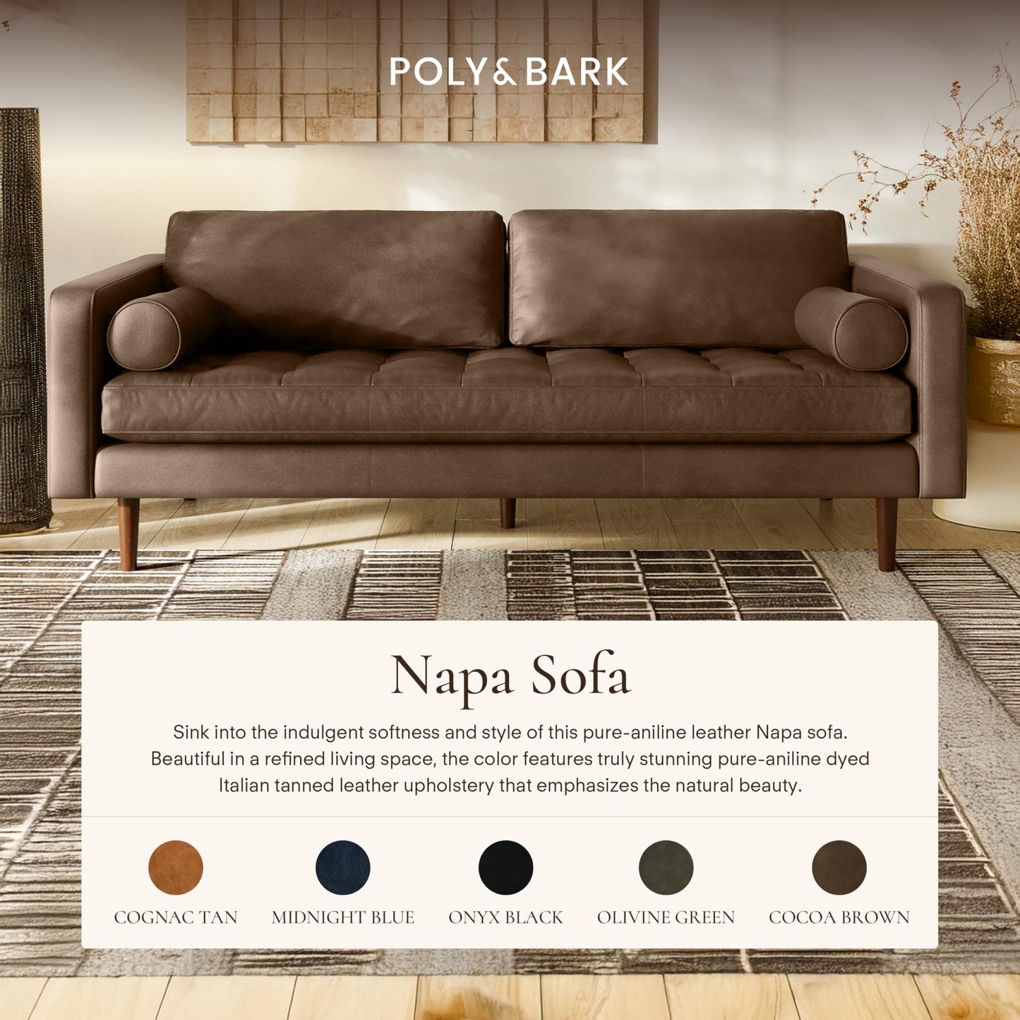 POLY & BARK Napa 82" Leather Pull‑Out Sleeper Sofa – Full‑Grain Italian Leather Upholstery,Tri‑Layer Mattress & Storage Console –Sophisticated Multi‑Functional Sofa Bed for Living Rooms & Guest Spaces