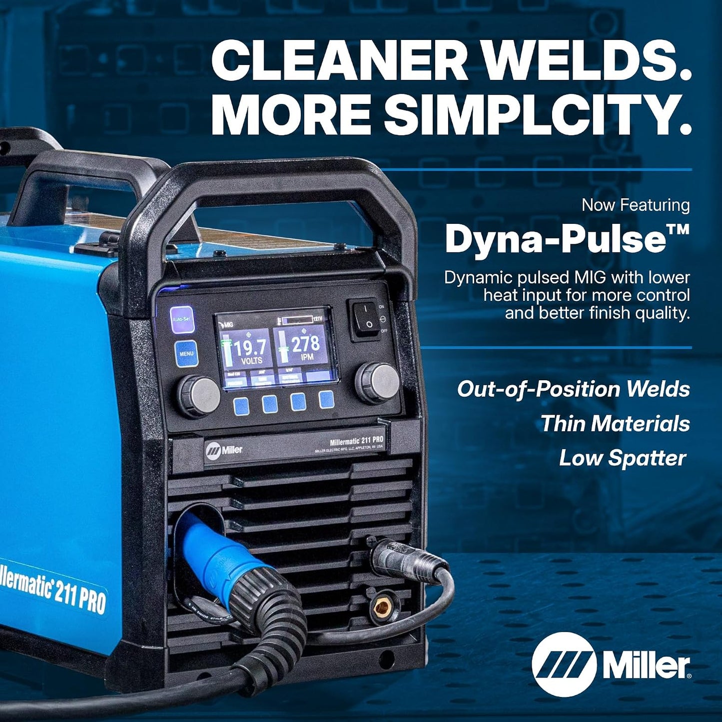 Millermatic® 211 PRO MIG Welder Machine, Dual-Voltage, Auto-Set™ | 120/240V MIG welder; Welds steel, aluminum to 3/8 in; thick; Features Auto-Set™, Dyna-Pulse™, upgradable software