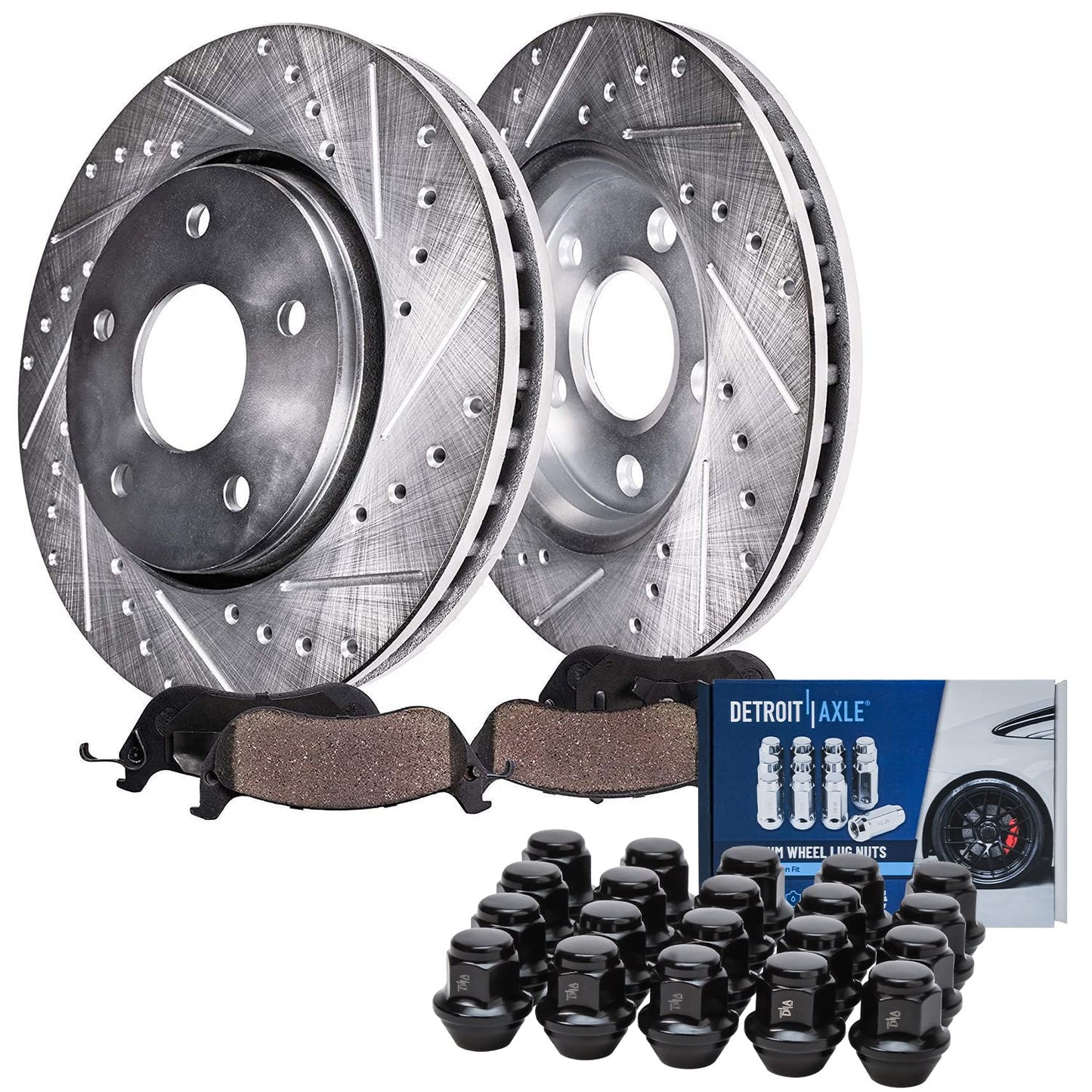 Detroit Axle - Front Brake Kit for Chevy GMC Silverado Suburban Sierra Savana Express 1500 Tahoe Yukon XL Cadillac Escalade ESV EXT Drilled Slotted Disc Brake Rotors Ceramic Brakes Pads Replacement