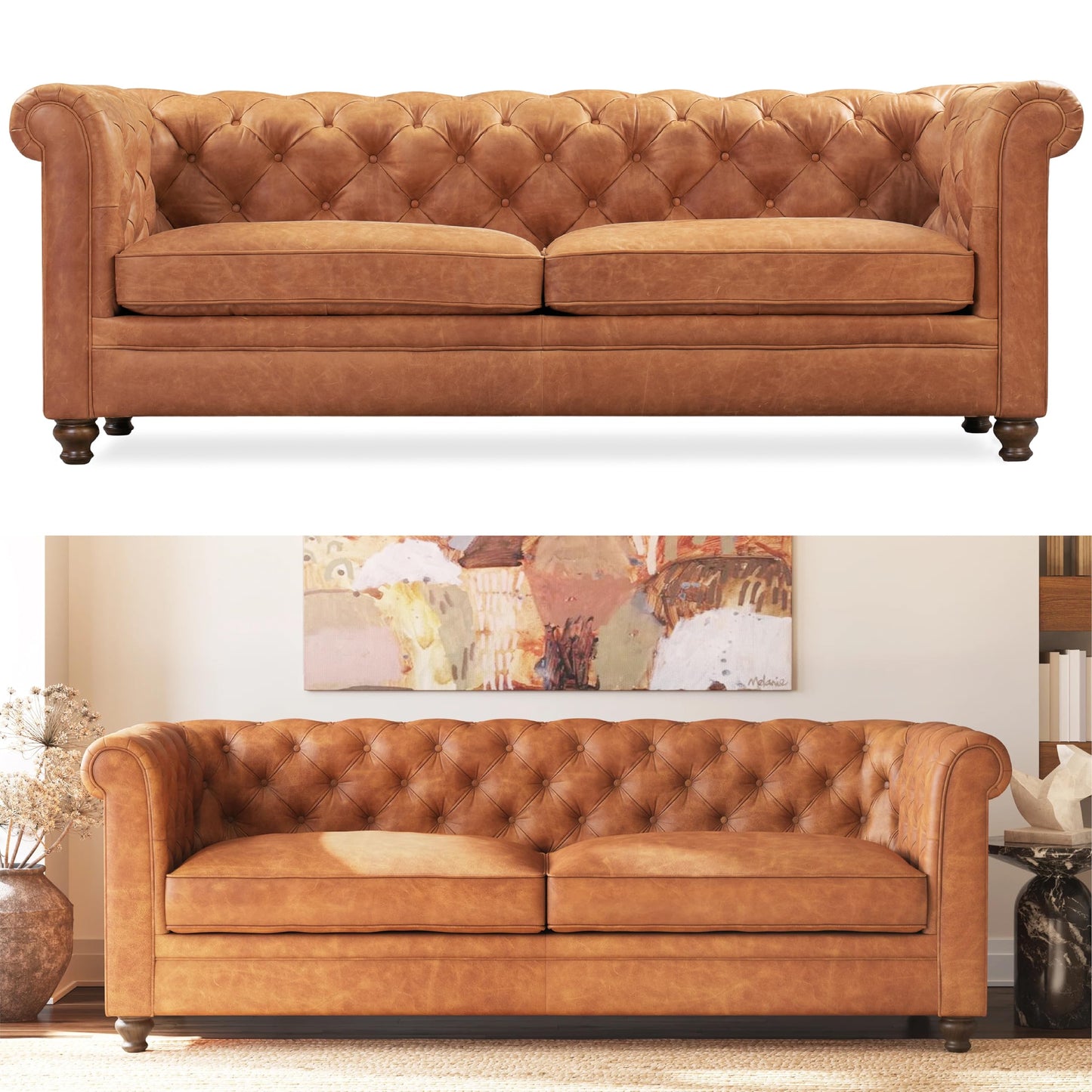 POLY & BARK Sorrento 86" Sofa – Cognac Tan Full-Grain Pure-Aniline Italian Leather, Feather-Down Cushions, Solid Wood Frame & Walnut Legs