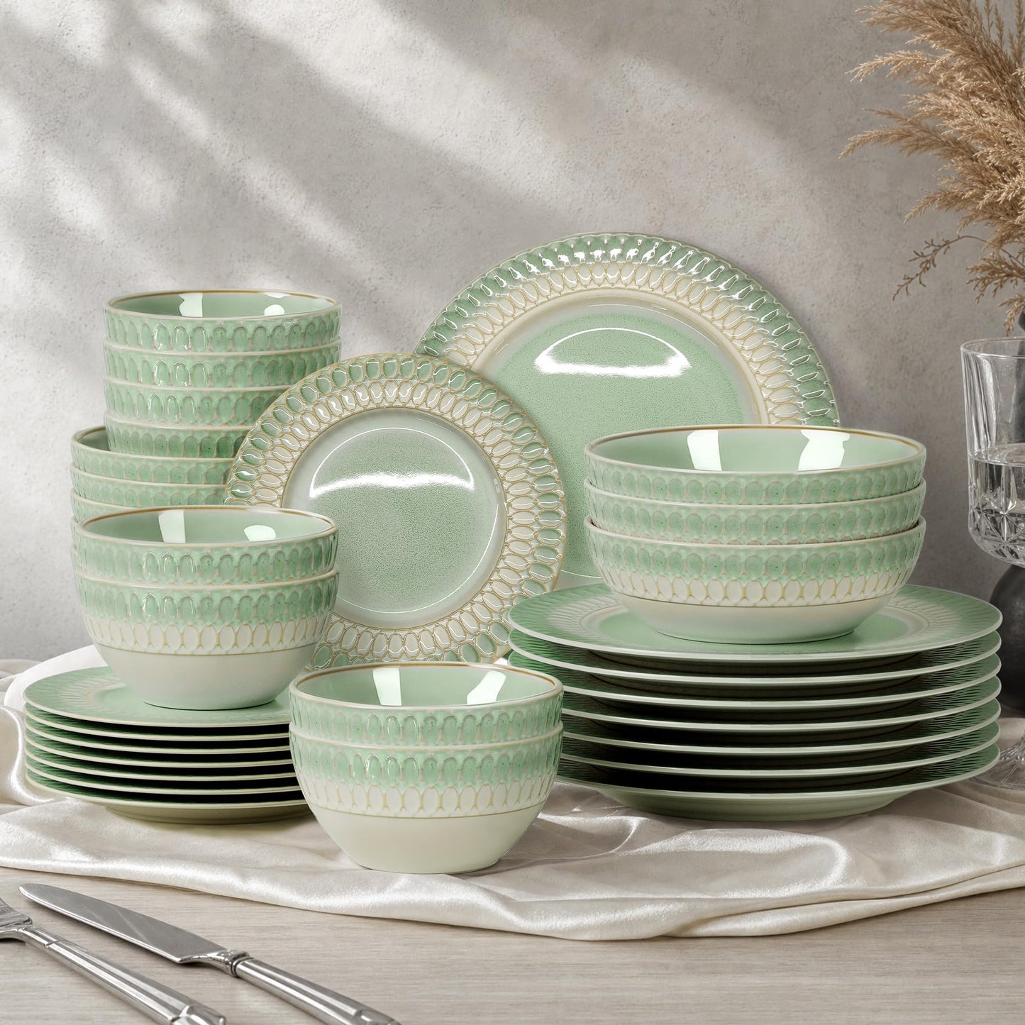 Kitchen Academy Stoneware Dinnerware Sets for 8, Embossed Ceramic Plates and Bowls Set, Beige Dishes