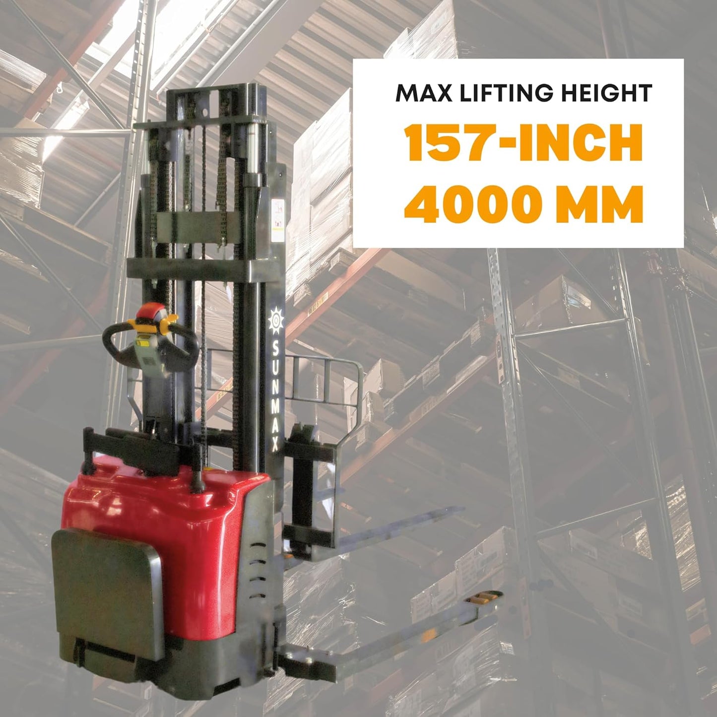 SUNMAX Electric Straddle Stacker, 3300 lbs Capacity, 157 inch Lift Height, Steel Frame, Red and Black