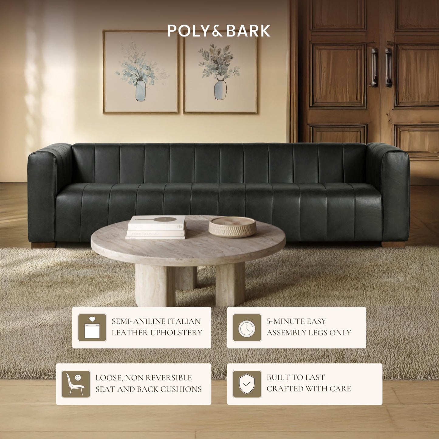 POLY & BARK Capa 96.5" Sofa – Chocolate Brown Full-Grain Pure-Aniline Italian Leather, Boxy Modern Design, Feather-Fiber Cushions, Solid Wood Frame