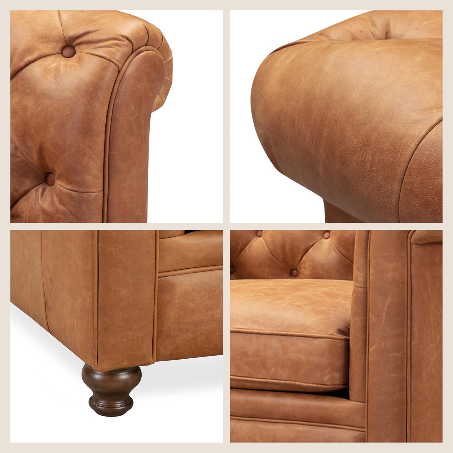 Poly & BARK Rowan Lounge Chairs Set of 2 – Mid Century Modern Leather Armchairs with Ribbed Seat and Solid Ash Wood Frame, Cognac Tan