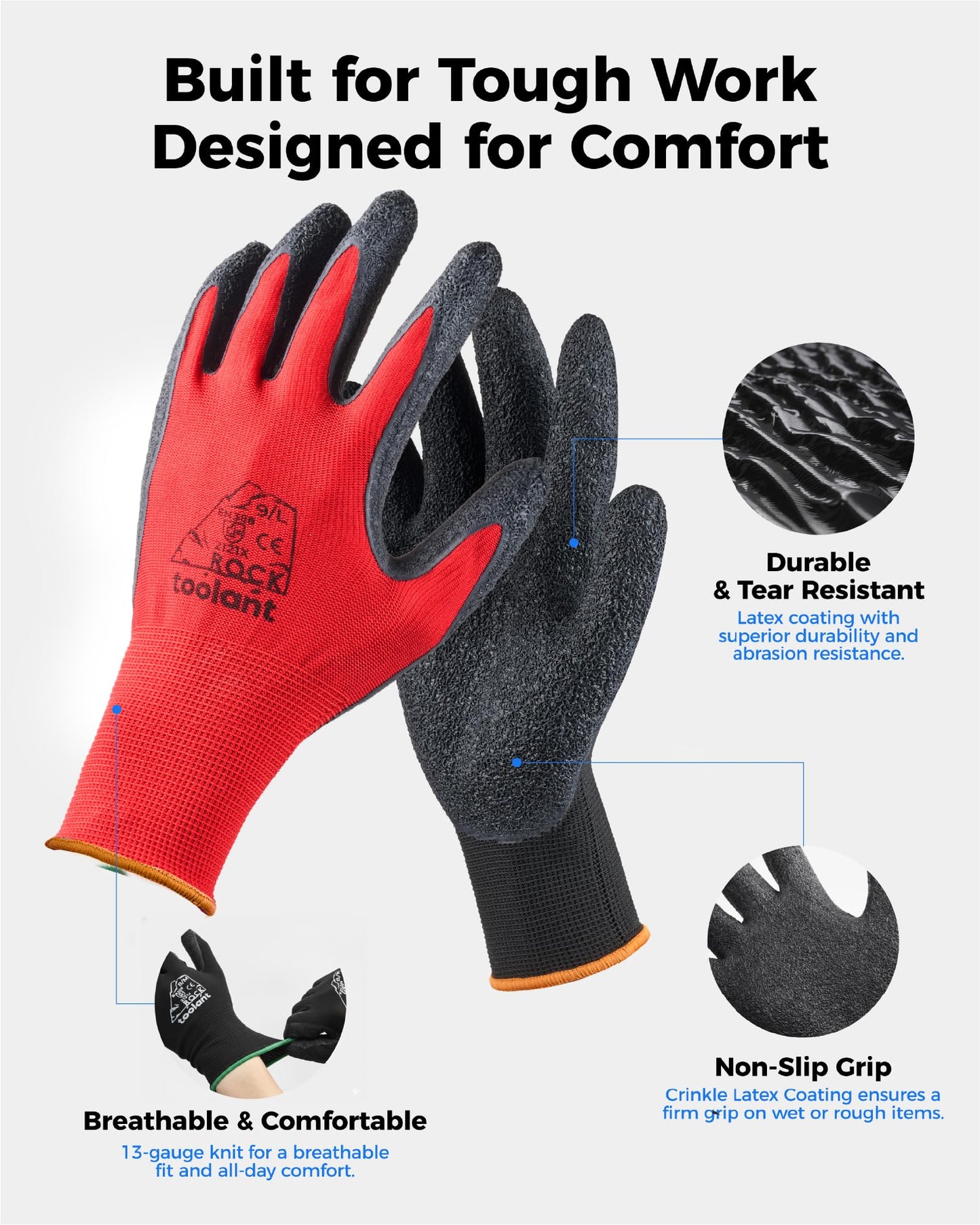 toolant Crinkle Latex Work Gloves Bulk, Rubber Coated Safety Work Gloves for Men and Women, 12 Pairs for Construction, Gardening, Warehouse (Black, Large)