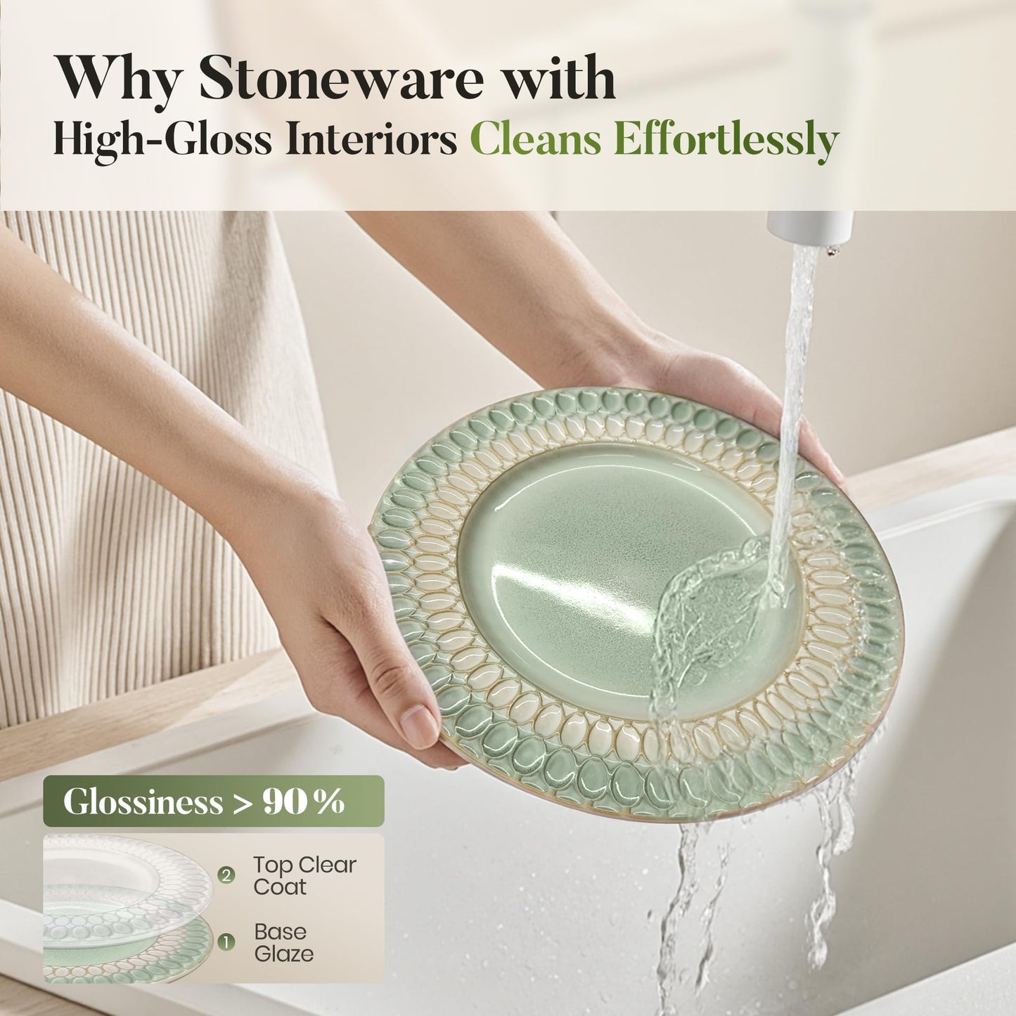 Kitchen Academy Stoneware Dinnerware Sets for 8, Embossed Ceramic Plates and Bowls Set, Beige Dishes