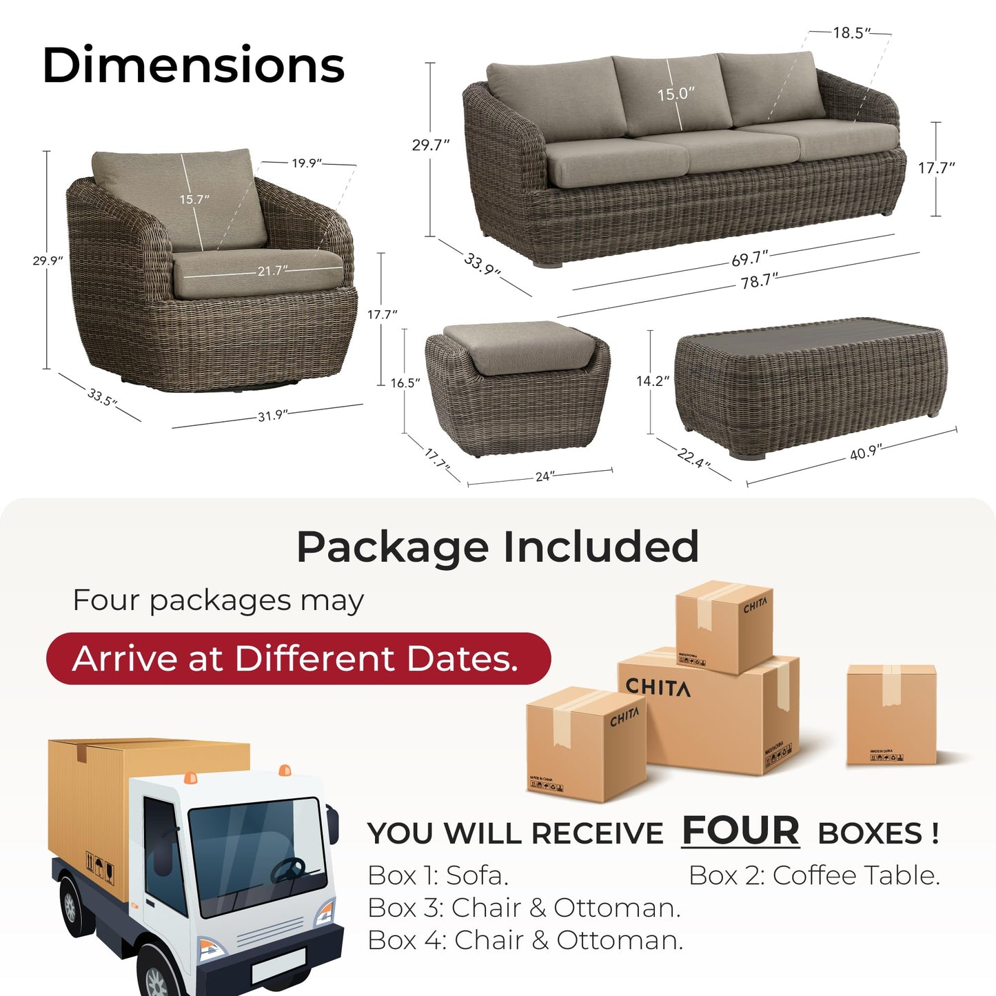 CHITA 5 Pieces Patio Wicker Furniture Set, Outdoor Rattan Bistro Set with Removable Thickened Cushions, Fully Assembled(Beige Cushions with Light Brown Wicker)