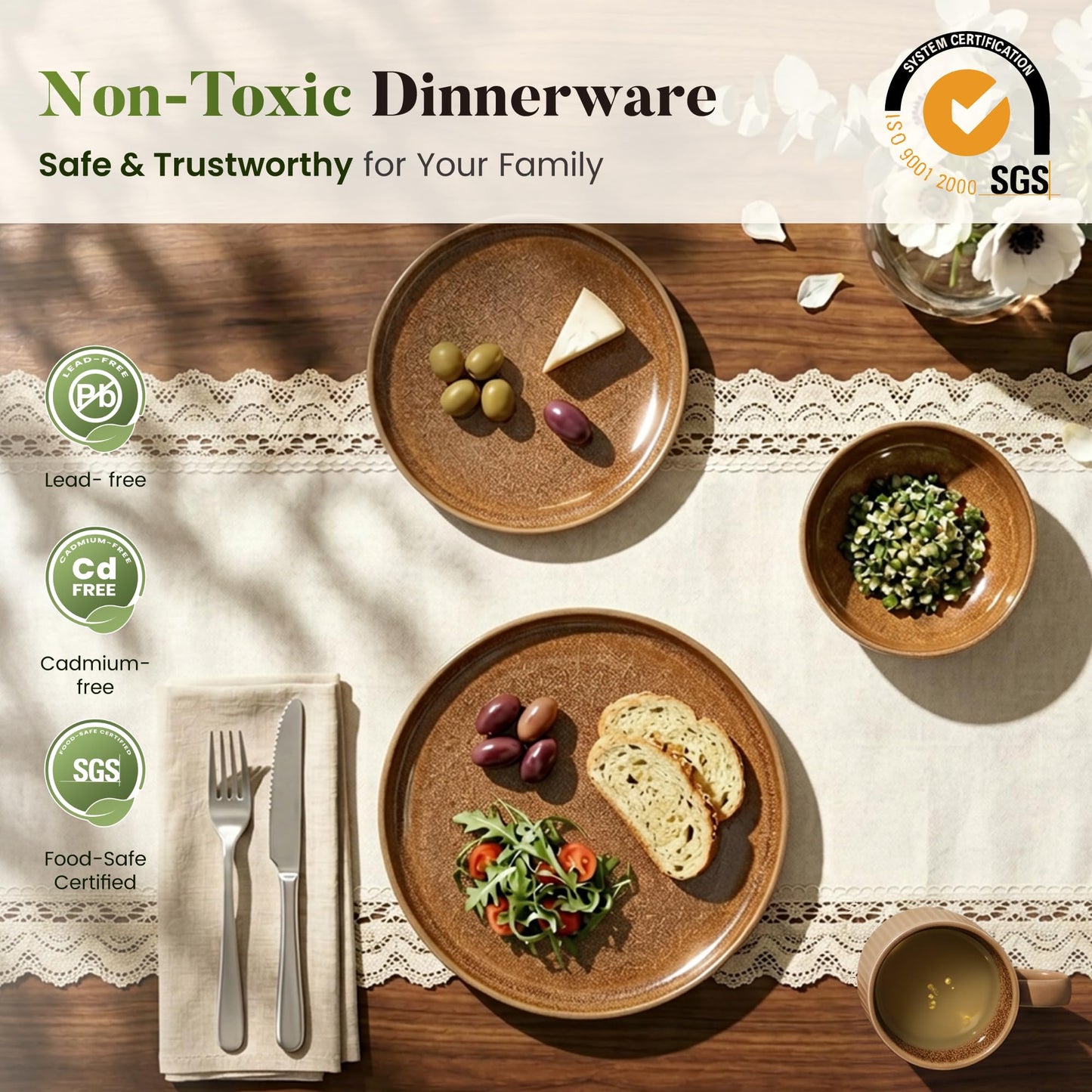 Kitchen Academy Brown Stoneawre Dinnerware Sets for 8, 24Pcs Ceramic Non Toxic Plates and Bowls Sets, Scratch Resistant Dishes, Oven & Microwave Safe