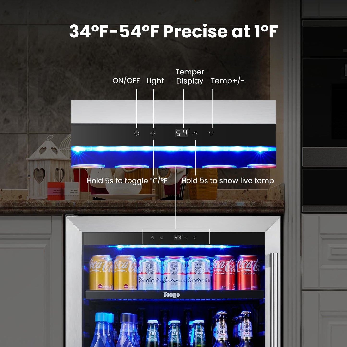 Yeego 24-Inch Beverage Refrigerator, Built-In or Freestanding Beverage Cooler, Up to 180 Cans, Glass Door Mini Fridge for Soda, Beer, Water & Wine (Left-Hinged)