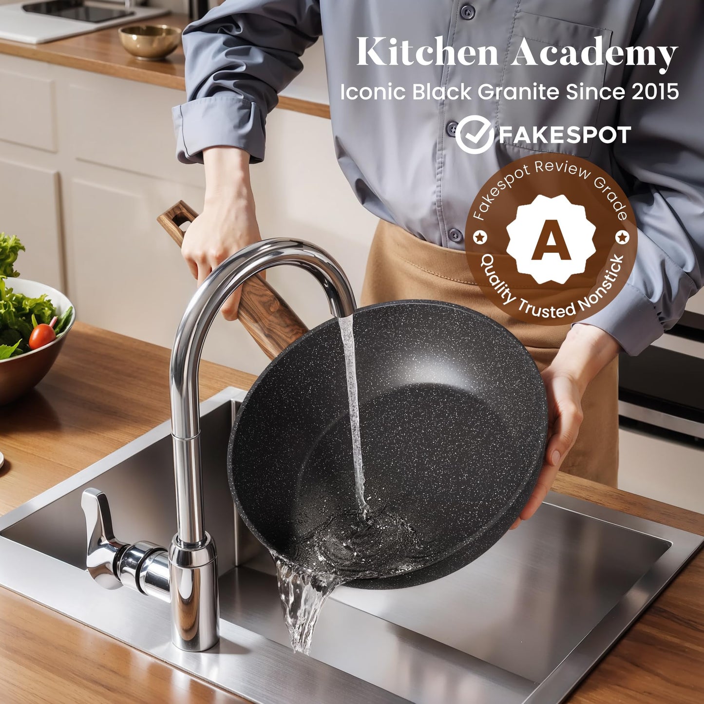 Kitchen Academy Induction Cookware Set Non Stick, 17Pcs Granite Pots & Pans | Nonstick Cooking Frying Pans for Induction Gas Electric Stove, Non-Toxic PFOA & PFOS Free, Black