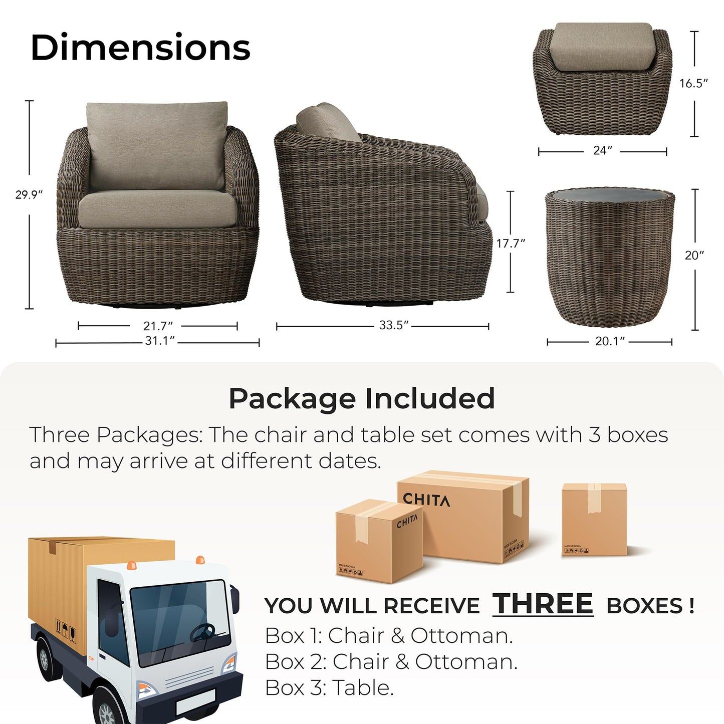 CHITA 5 Pieces Patio Wicker Furniture Set, Outdoor Rattan Bistro Set with Removable Thickened Cushions, Fully Assembled(Beige Cushions with Light Brown Wicker)