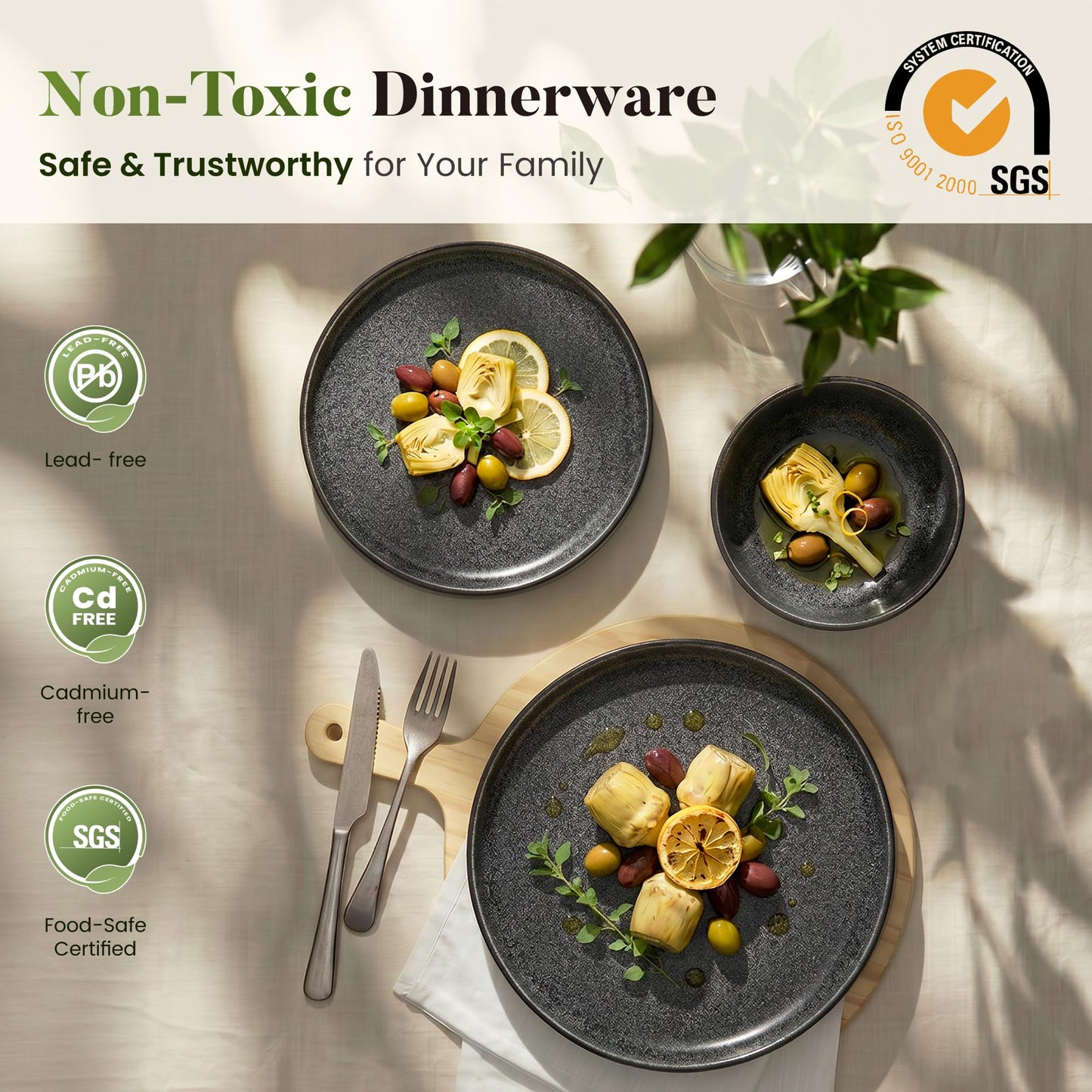 Kitchen Academy Brown Stoneawre Dinnerware Sets for 8, 24Pcs Ceramic Non Toxic Plates and Bowls Sets, Scratch Resistant Dishes, Oven & Microwave Safe