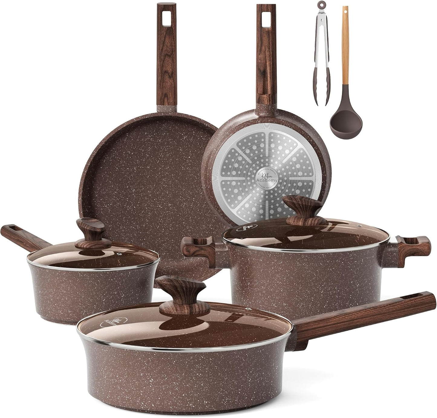 Kitchen Academy 10Pcs Induction Pots & Pans Set Non Stick, Brown | Nonstick Cookware Set, Healthy Non Toxic Cooking Pans and Sets, Easy to Clean, PFOA&PFAS Free
