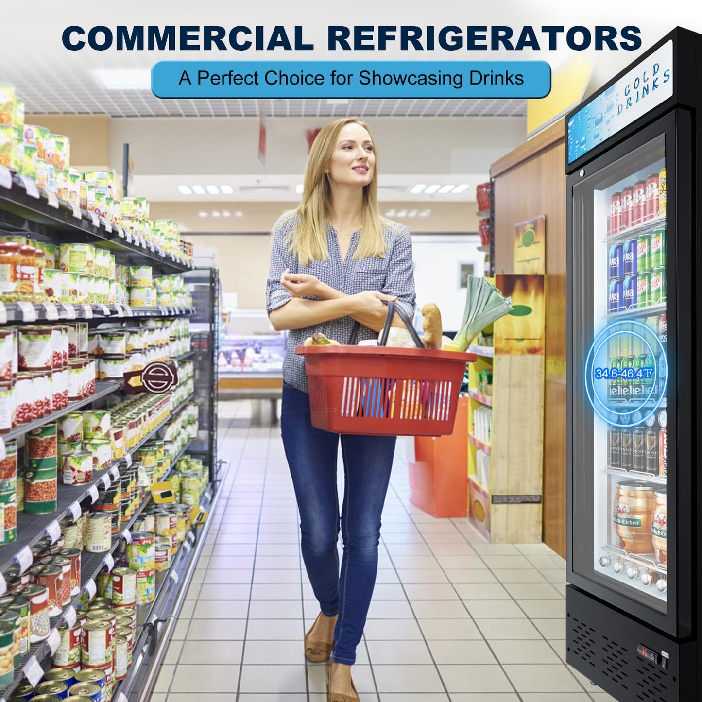 25.7'' W Commercial Refrigerators with Glass Door, 15 Cu.ft. Beverage Refrigerators Commercial Fridge Upright Display Cooler with Soft LED Light and Adjustable Shelves for Restaurant Stores