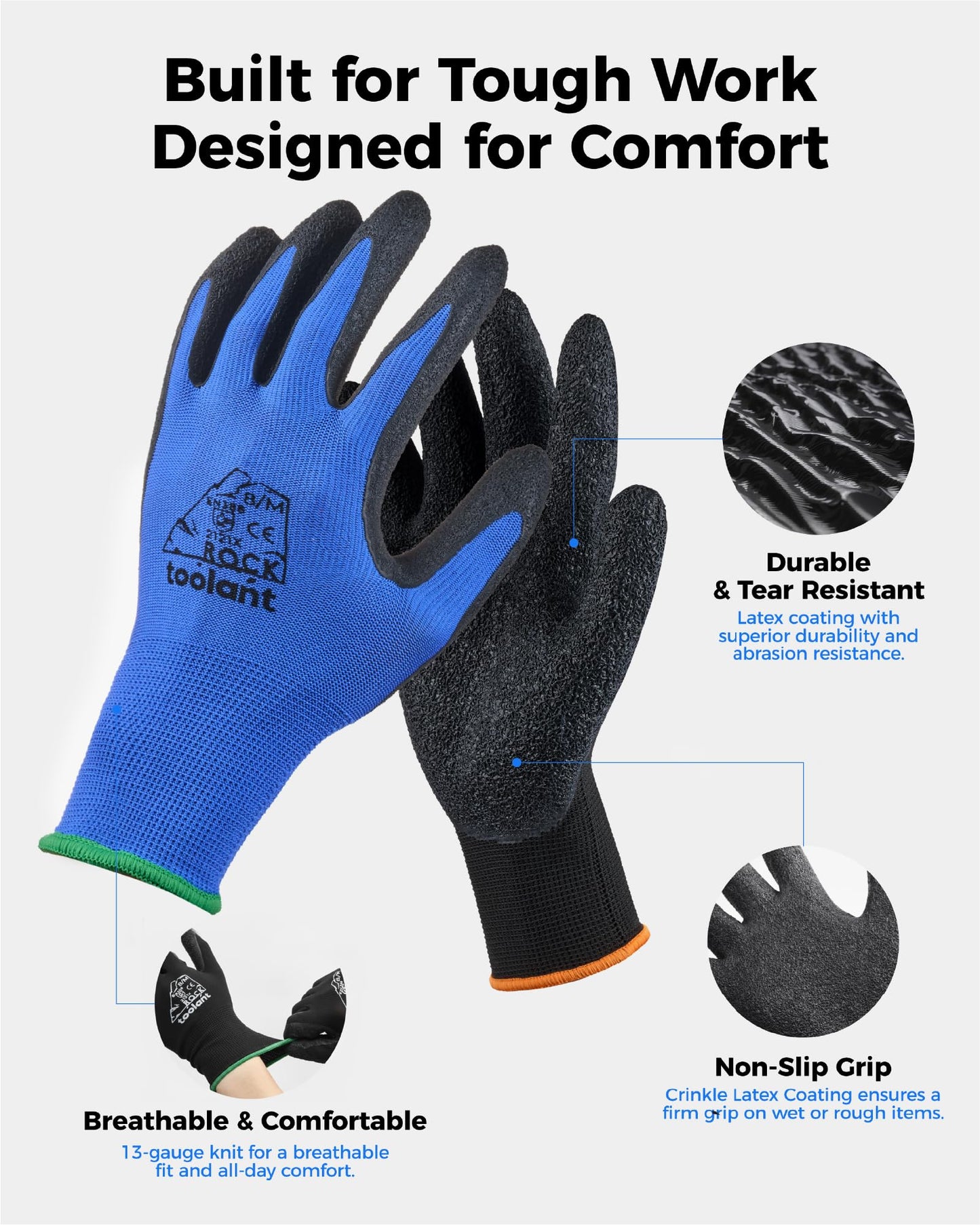 toolant Crinkle Latex Work Gloves Bulk, Rubber Coated Safety Work Gloves for Men and Women, 12 Pairs for Construction, Gardening, Warehouse (Black, Large)