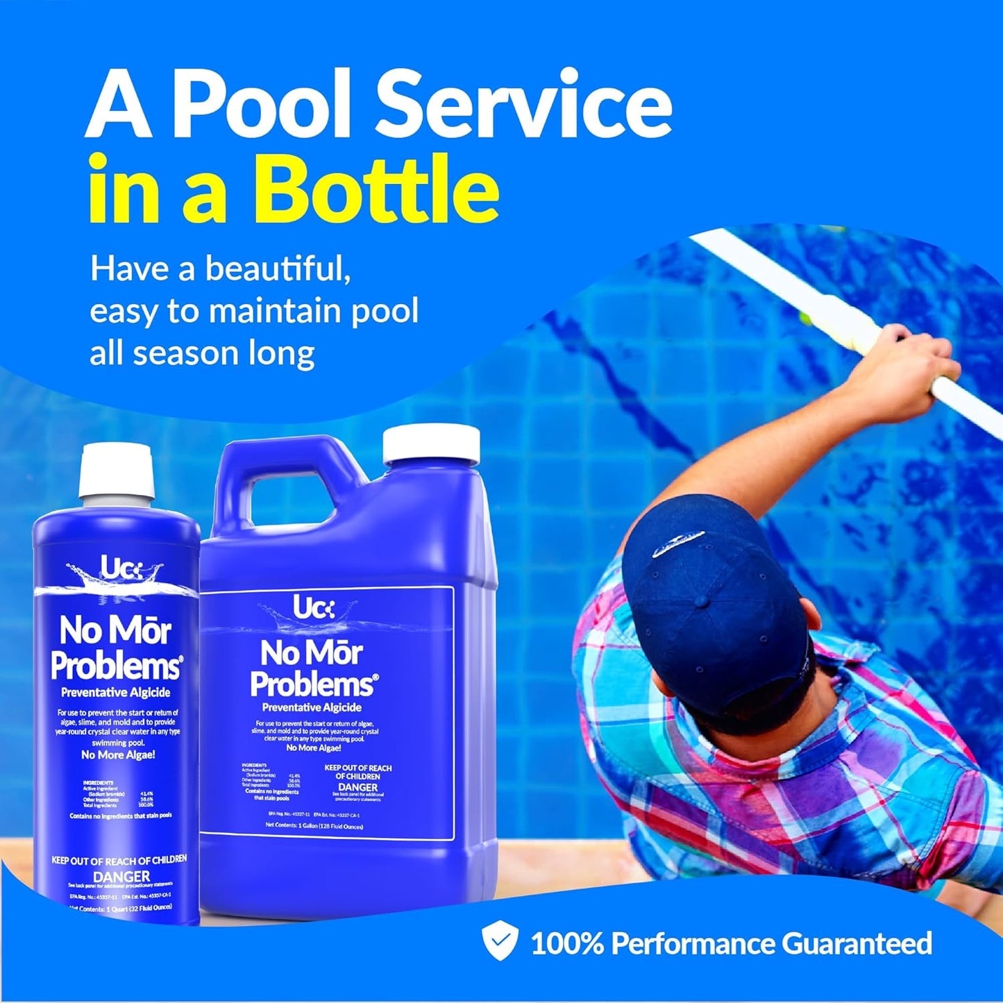 United Chemical No Mor Problems Preventative Pool Algaecide & Water Clarifier - Non-Staining, pH Independent Algae Prevention, 1 Quart