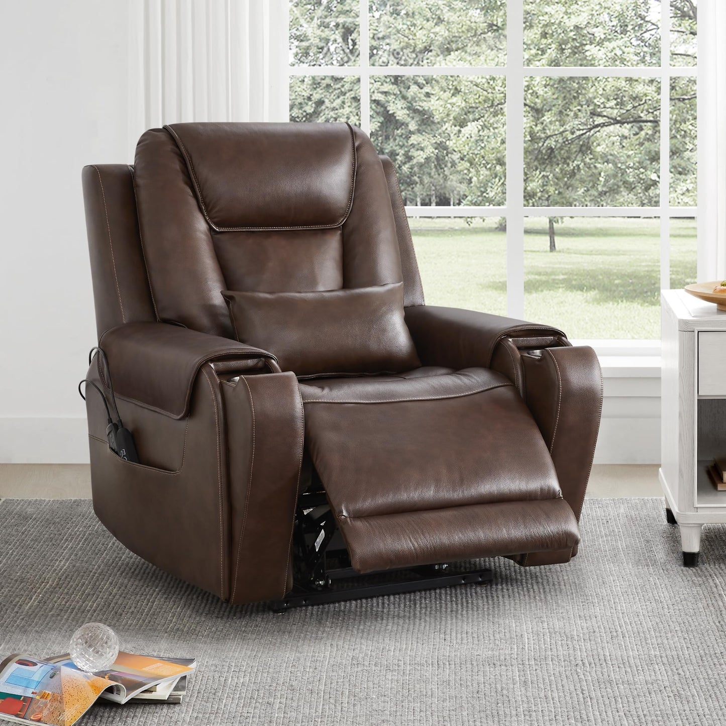 CHITA Electric Power Lift Recliner Chair for Elderly with Massage and Heat, Large Lay Flat Genuine Leather Recliner Chair with Cup Holders, USB Ports, Power Headrest, Independent Backrest, Saddle