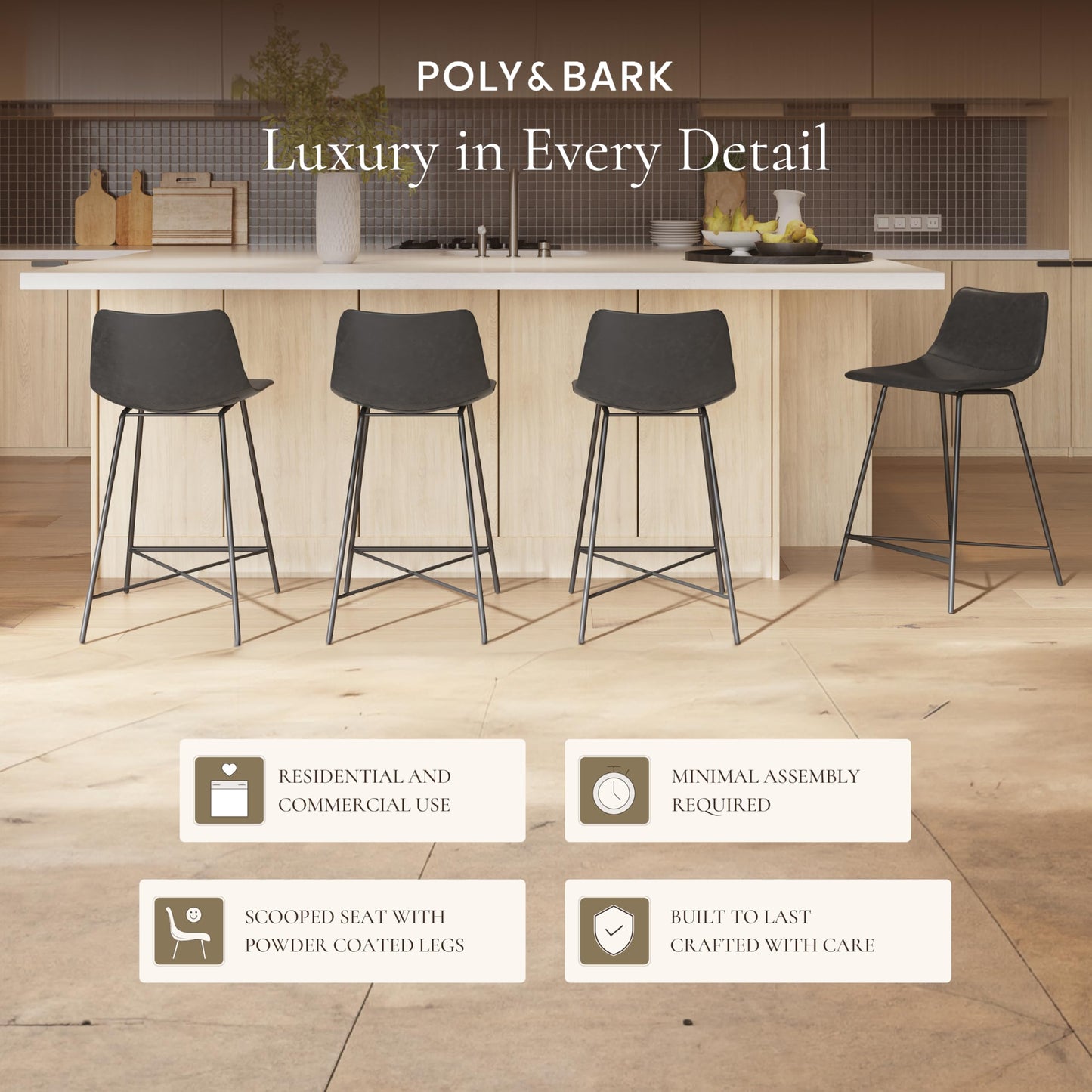 POLY & BARK Paxton Leather Counter Stools 24 Inches – Set of 2 - Counter Height Bar Stools with Back – Modern Barstools for Kitchen Island or Counters – Faux Leather & Matte Black Steel Base – Tan
