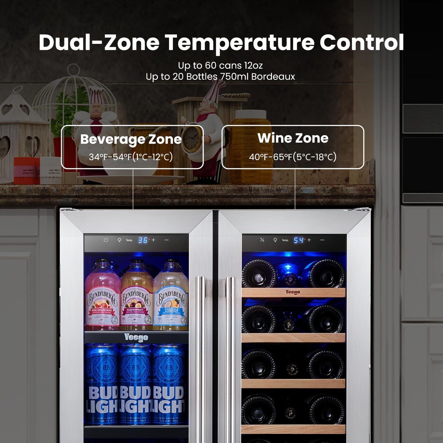 Yeego 24-Inch Beverage Refrigerator, Built-In or Freestanding Beverage Cooler, Up to 180 Cans, Glass Door Mini Fridge for Soda, Beer, Water & Wine (Left-Hinged)