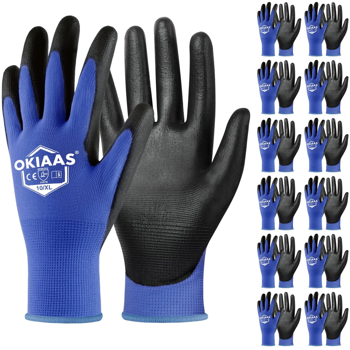 OKIAAS Work Gloves for Men,Ultra Thin and Lightweight Working Gloves with Grip,12 Pairs Bulk Pack Construction Gloves with Polyurethane Coating,Safety Gloves for Light Duty Work (Black, Large)