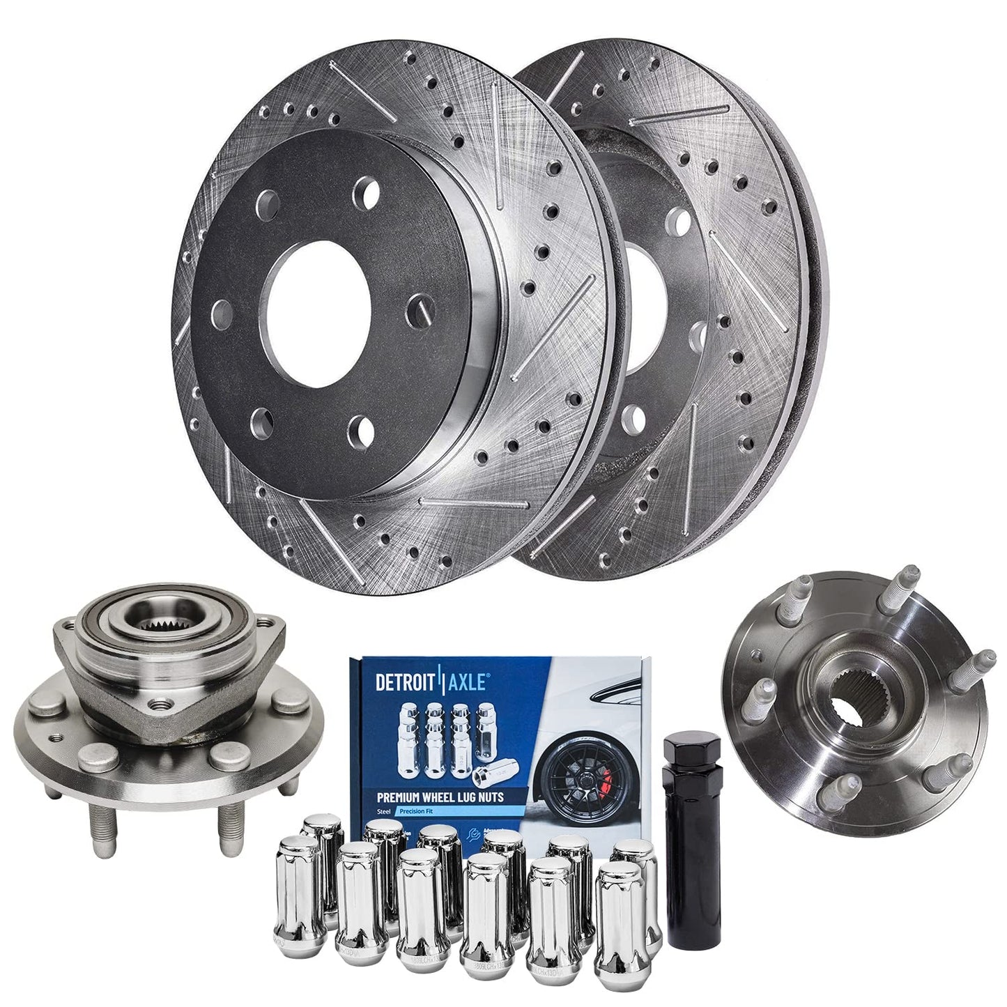 Detroit Axle - Front Brake Kit for Chevy GMC Silverado Suburban Sierra Savana Express 1500 Tahoe Yukon XL Cadillac Escalade ESV EXT Drilled Slotted Disc Brake Rotors Ceramic Brakes Pads Replacement