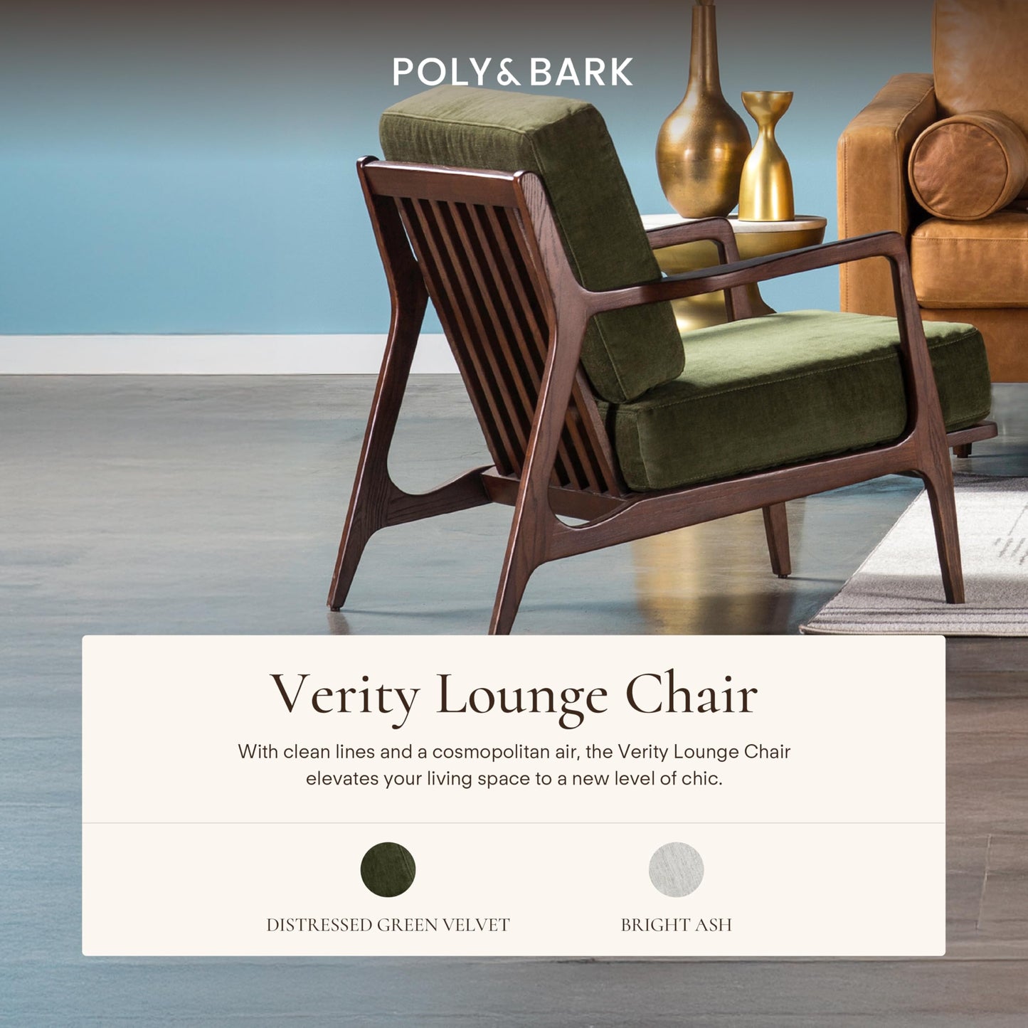 Poly & BARK Verity Leather Accent Chair – Armchair with Walnut Wood Frame – Fashion-Forward Lounge Seating for Living Room – Upholstered in Cognac Tan Leather for Modern Style