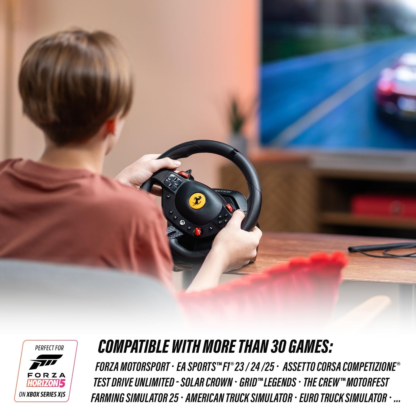 Thrustmaster T98 P Ferrari Licensed Racing Wheel & Pedal Set - PS5 & PC | 240-degree rotation, bungee-cord resistance, paddle shifters, 3 driving modes, Hall-Effect sensors, tool-free desk clamp
