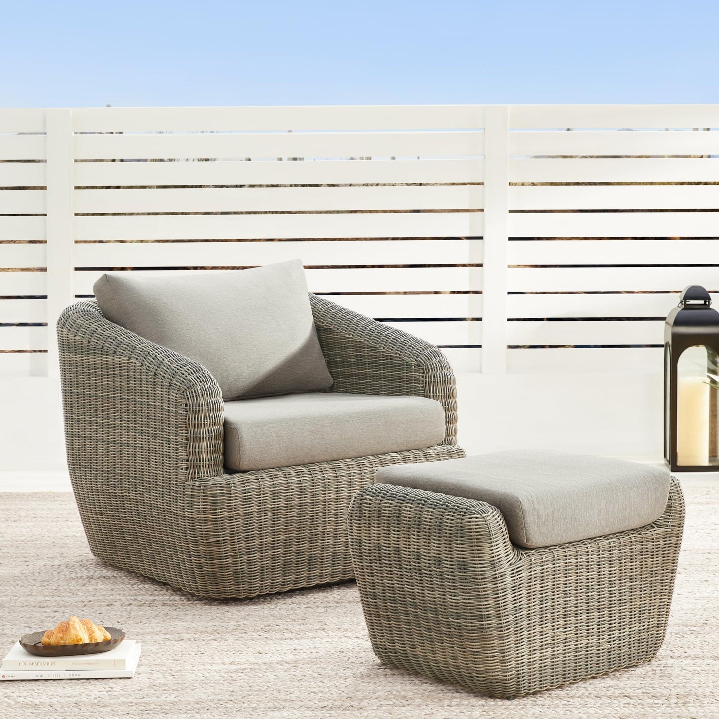 CHITA 5 Pieces Patio Wicker Furniture Set, Outdoor Rattan Bistro Set with Removable Thickened Cushions, Fully Assembled(Beige Cushions with Light Brown Wicker)