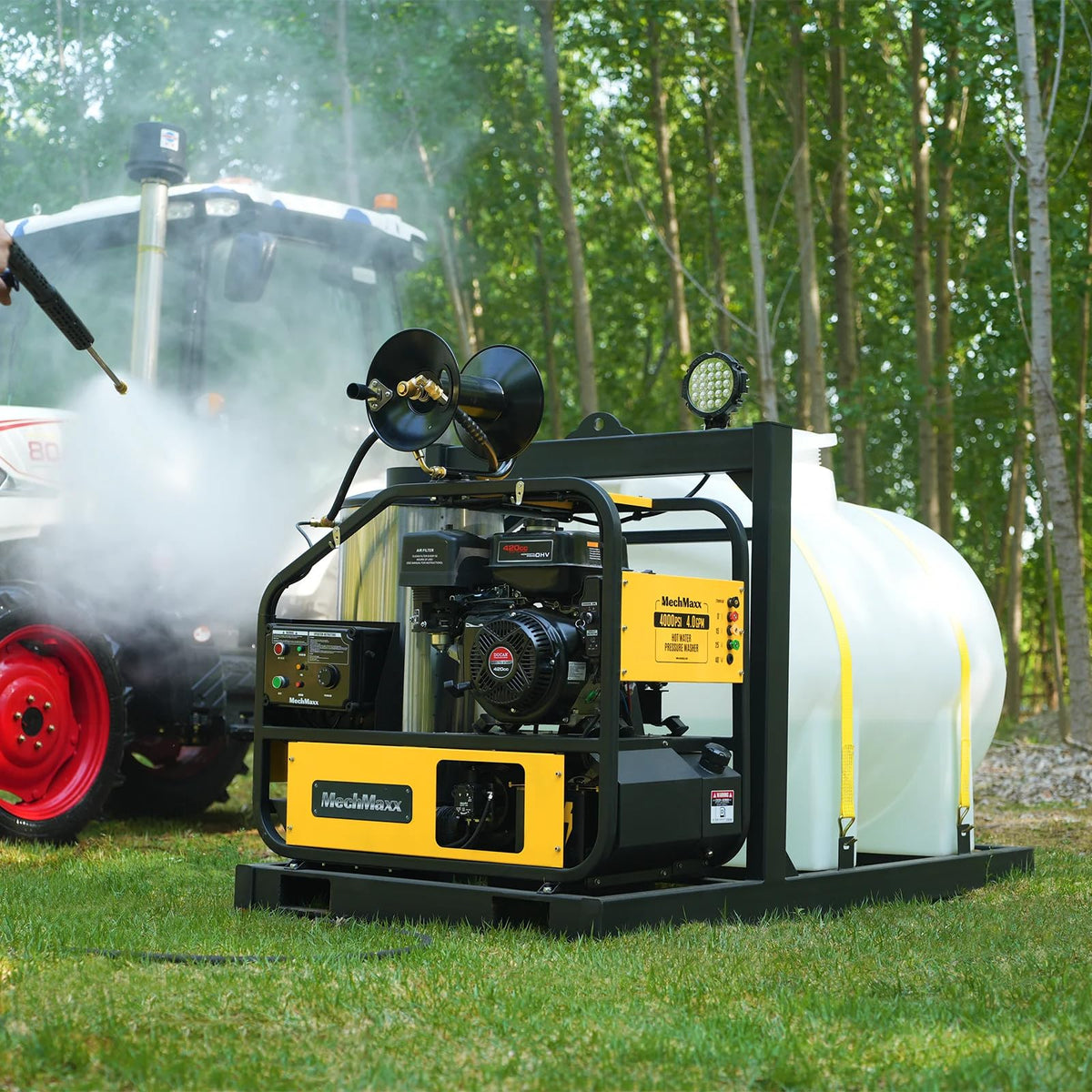 MechMaxx 4000 PSI 4 GPM 420cc 13.4HP E-Start Gas Engine Hot Water Pressure Washer with Hose Reel, Model HPW40D