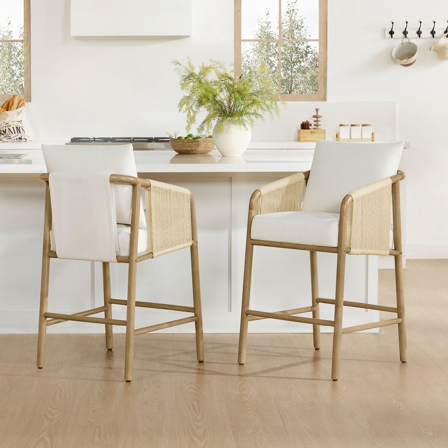 CHITA 27" Counter Height Bar Stools Set of 2, Boho Woven Paper Cord Counter Stools with Back and Armrests, Upholstered Rope Bar Chairs for Kitchen Island & Home Bar, Cream